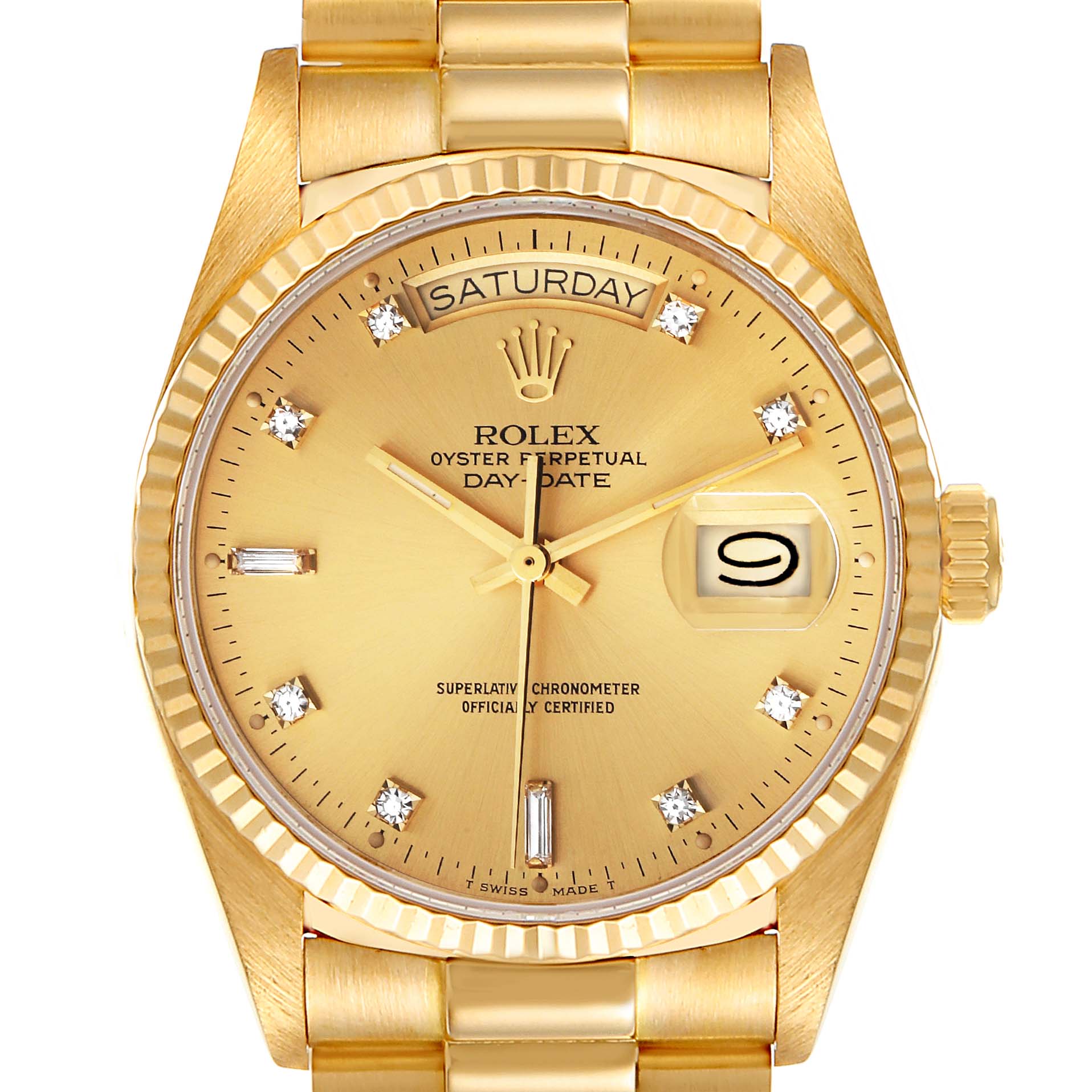 The image displays the face and part of the band of a Rolex President 18038 Men
s Yellow Gold Champagne Dial 18038 Men
s Yellow Gold Champagne Dial model watch, showing the day, date, and diamond hour markers.