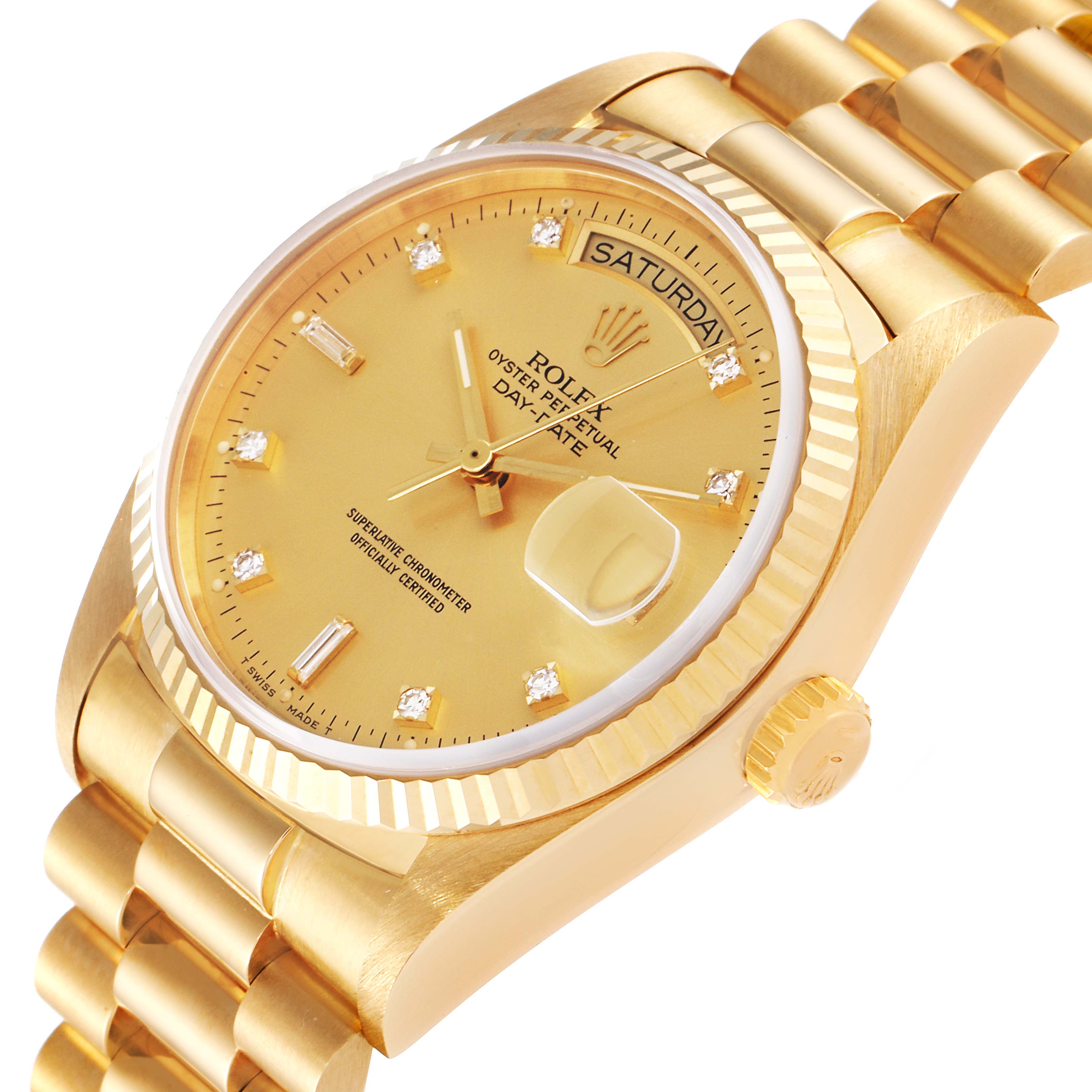The image shows a frontal, slightly tilted view of the President model Rolex watch, highlighting the dial, fluted bezel, bracelet, and crown.