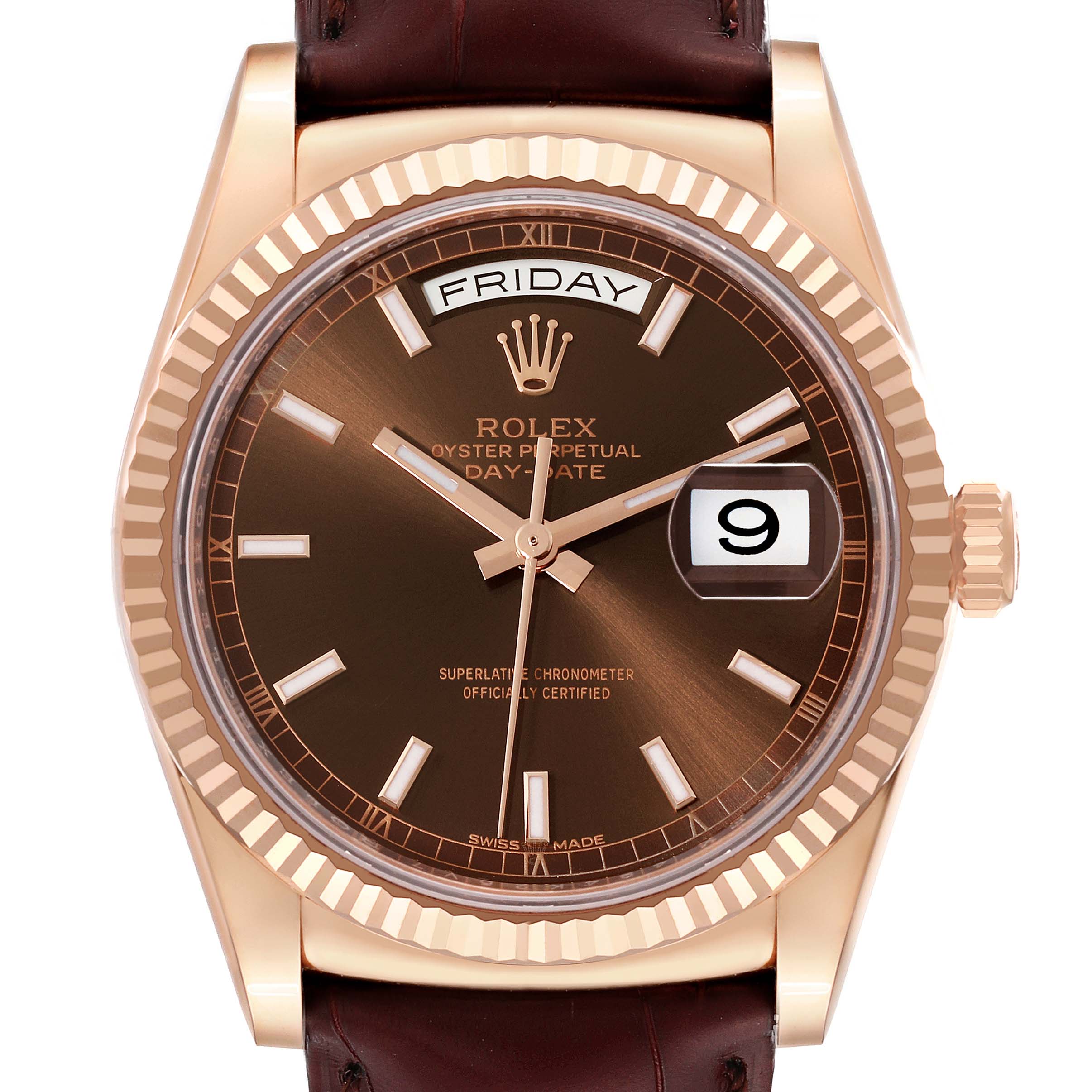 This image shows a frontal view of a Rolex President 118135 Men's Rose Gold Brown Dial 118135 Men's Rose Gold Brown Dial model watch, highlighting the dial, bezel, day, and date display.