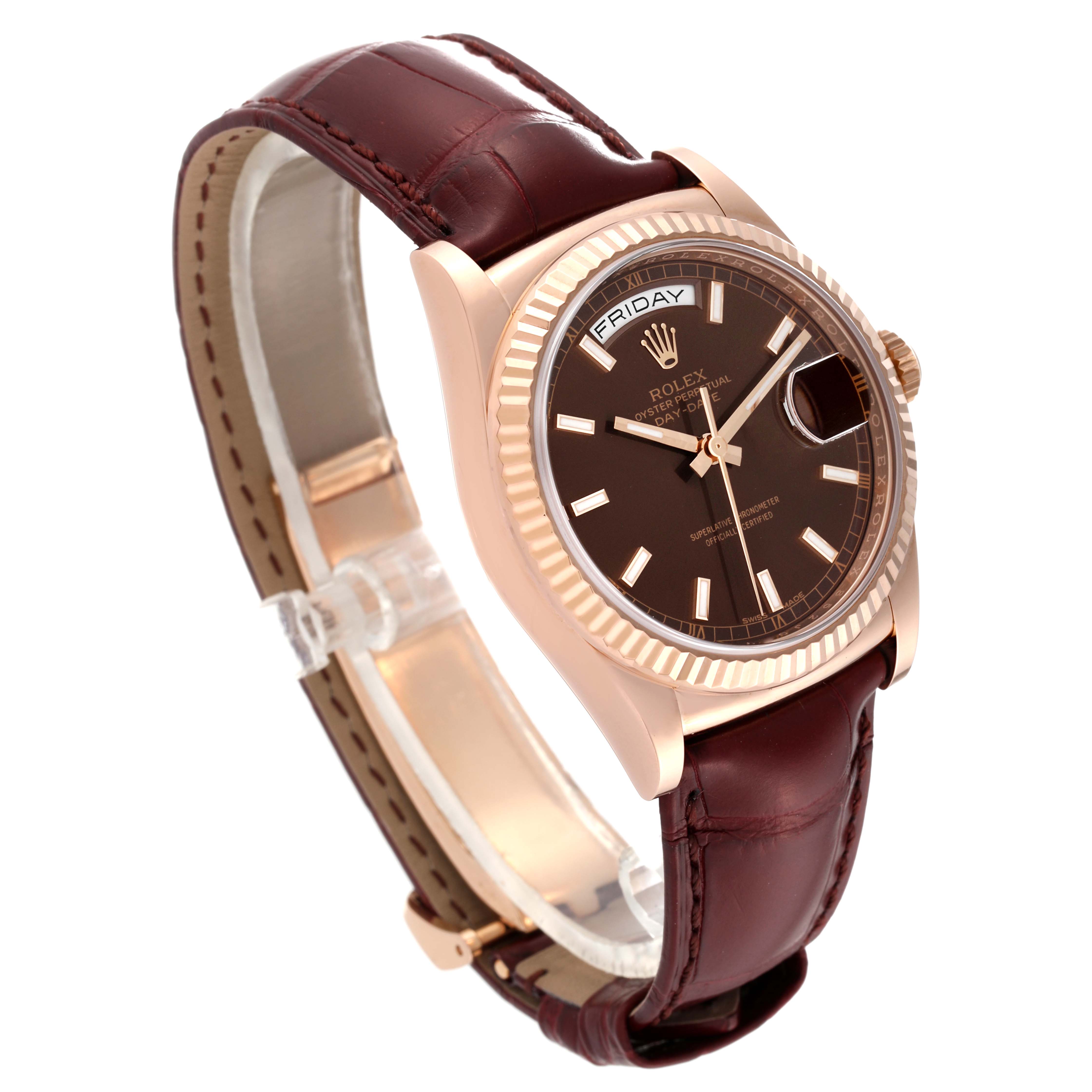 The image shows a Rolex President 118135 Men's Rose Gold Brown Dial 118135 Men's Rose Gold Brown Dial model watch from an angled side view, highlighting its face, bezel, and leather strap.