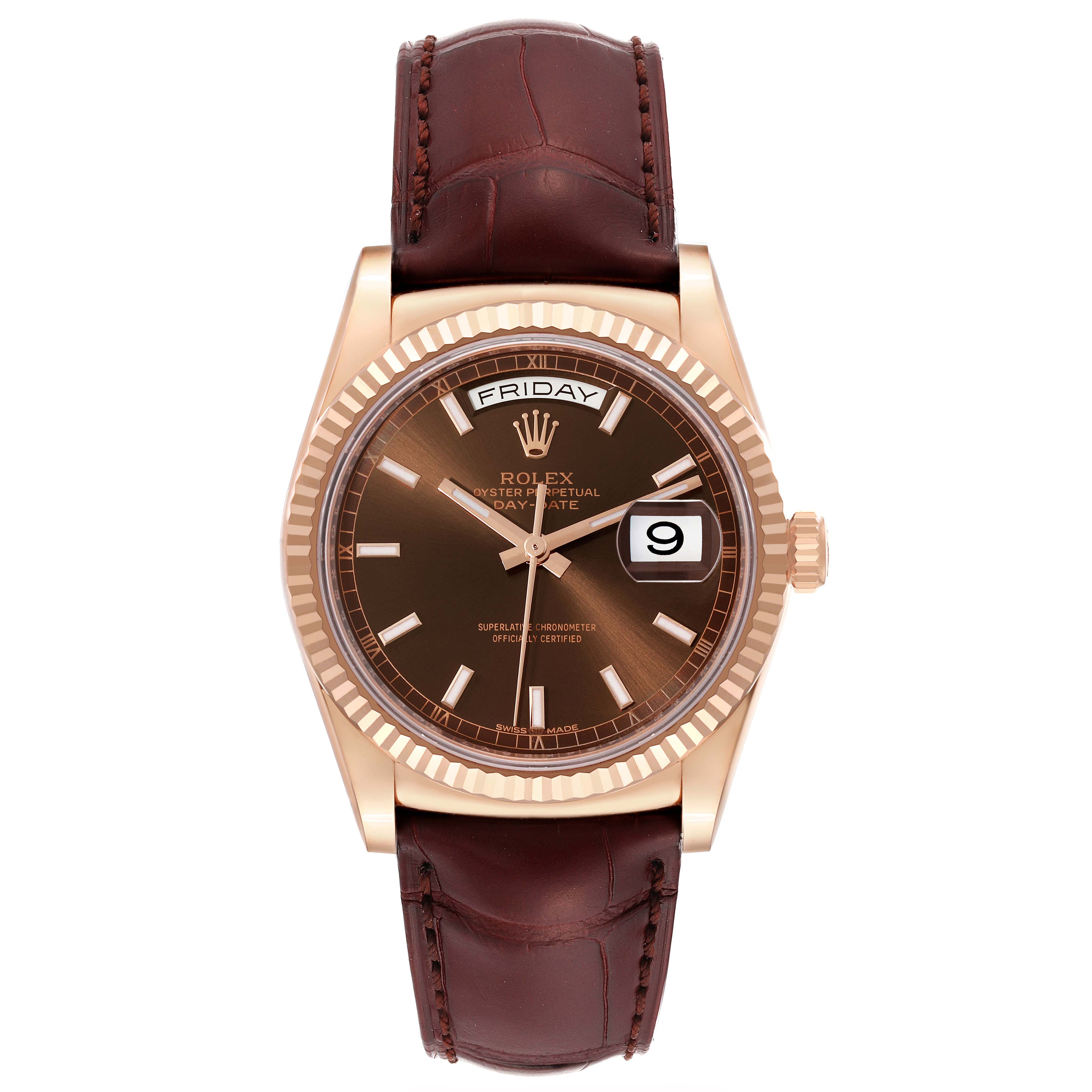 The image shows a front view of the Rolex President 118135 Men's Rose Gold Brown Dial 118135 Men's Rose Gold Brown Dial model watch, featuring the dial, bezel, crown, and strap.