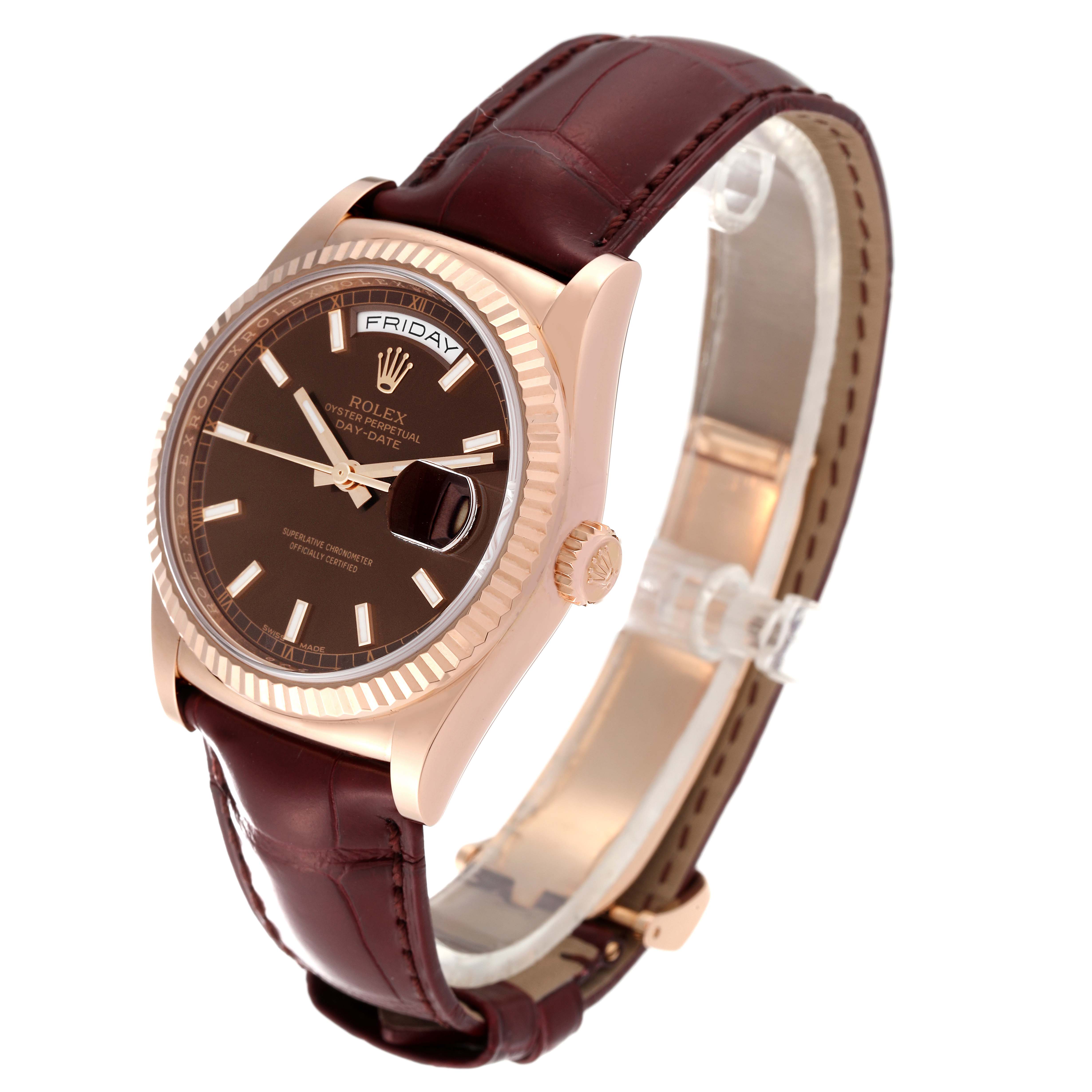 This image shows a Rolex President 118135 Men's Rose Gold Brown Dial 118135 Men's Rose Gold Brown Dial model watch at an angled side view highlighting the dial, bezel, crown, and strap.
