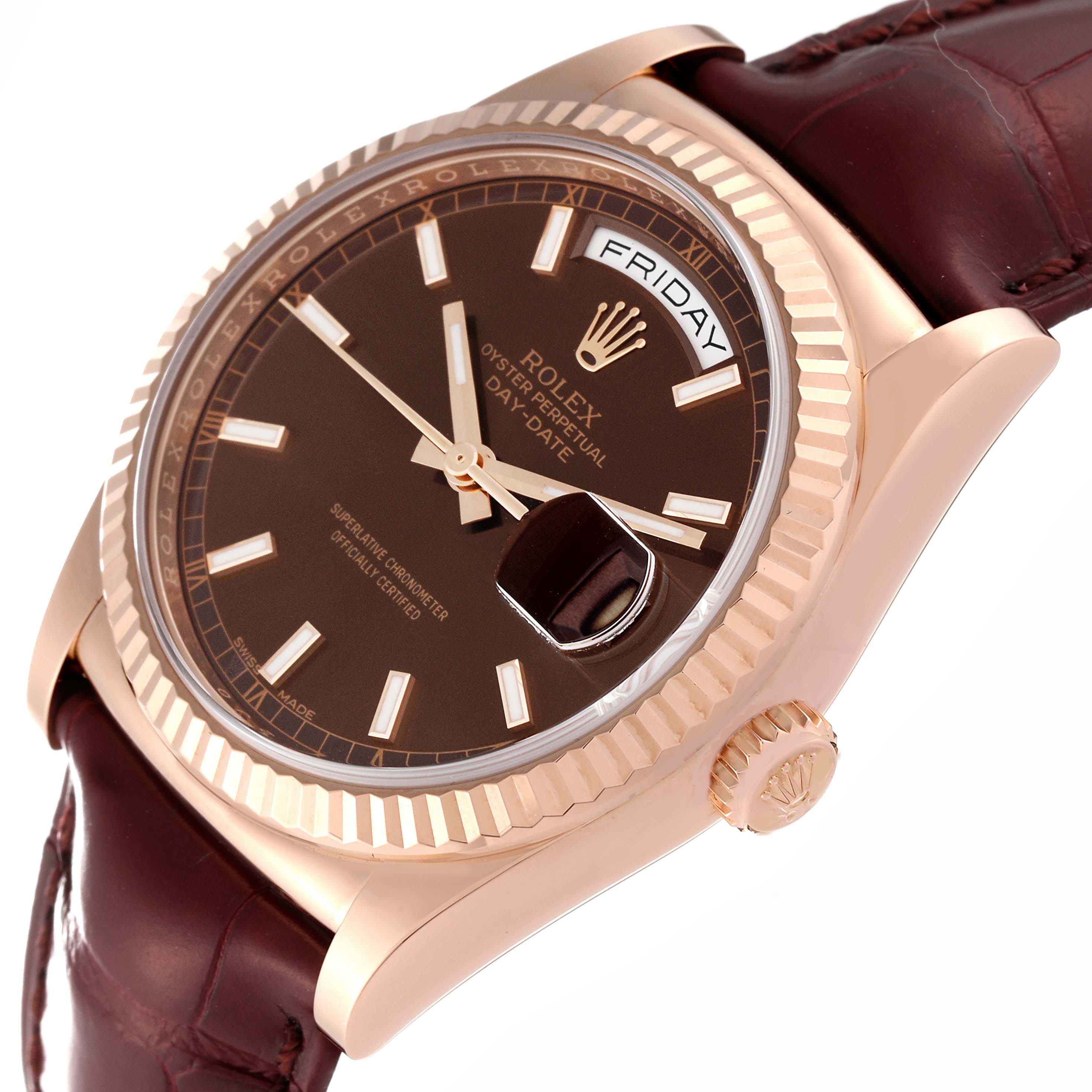 The image shows a close-up, right-side angle of a Rolex President 118135 Men's Rose Gold Brown Dial 118135 Men's Rose Gold Brown Dial model watch with a brown dial and leather strap.