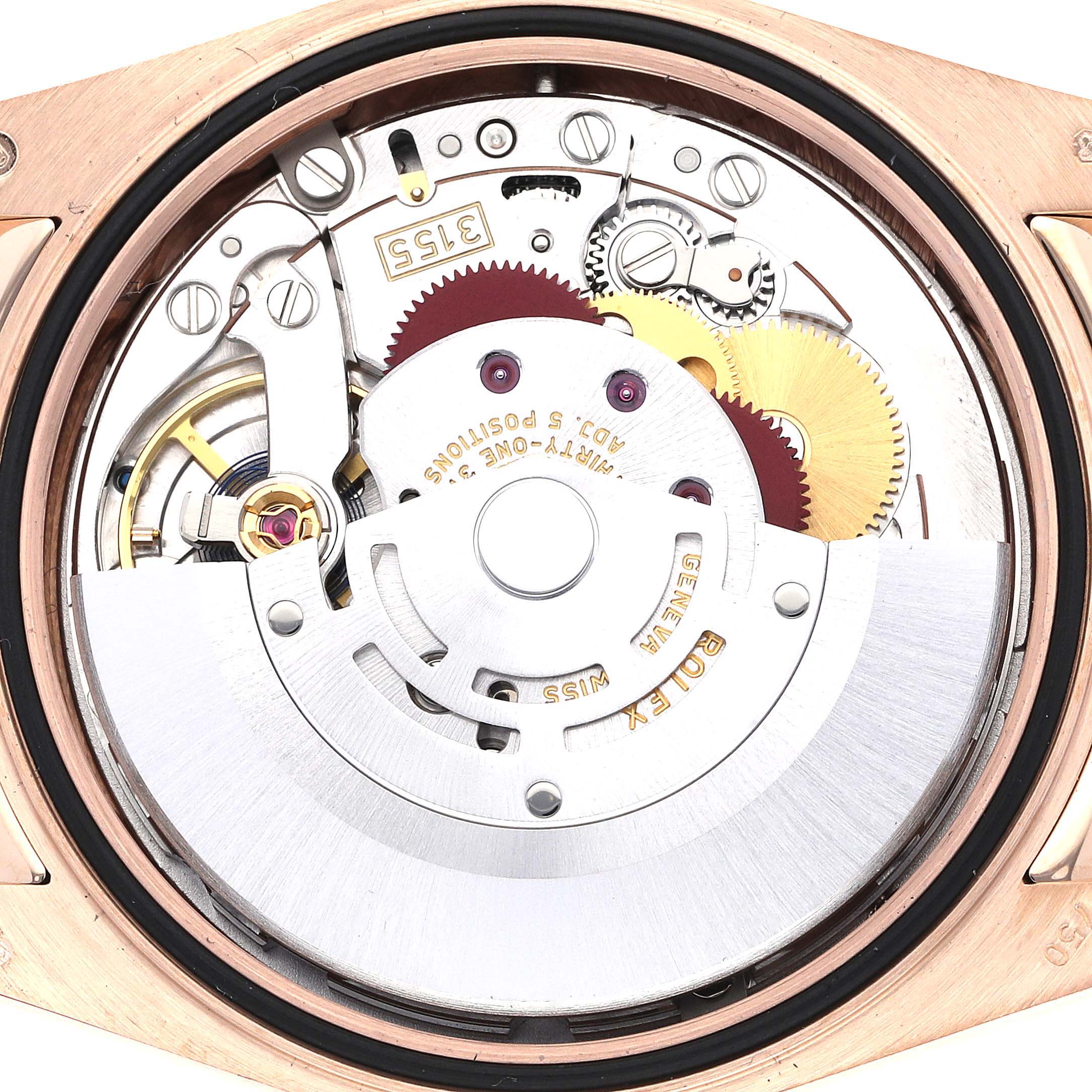The image shows the internal mechanical movement of a Rolex President 118135 Men's Rose Gold Brown Dial 118135 Men's Rose Gold Brown Dial model watch from a close-up, top-down angle.