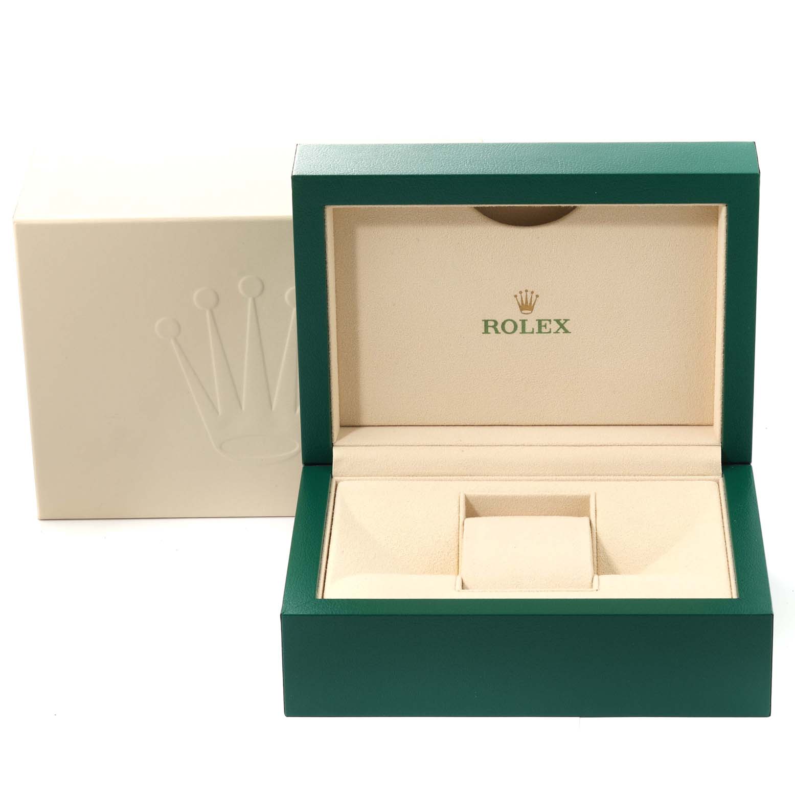 The image shows an open Rolex watch box designed for the President model, including its green and cream-colored interior and the outer box.