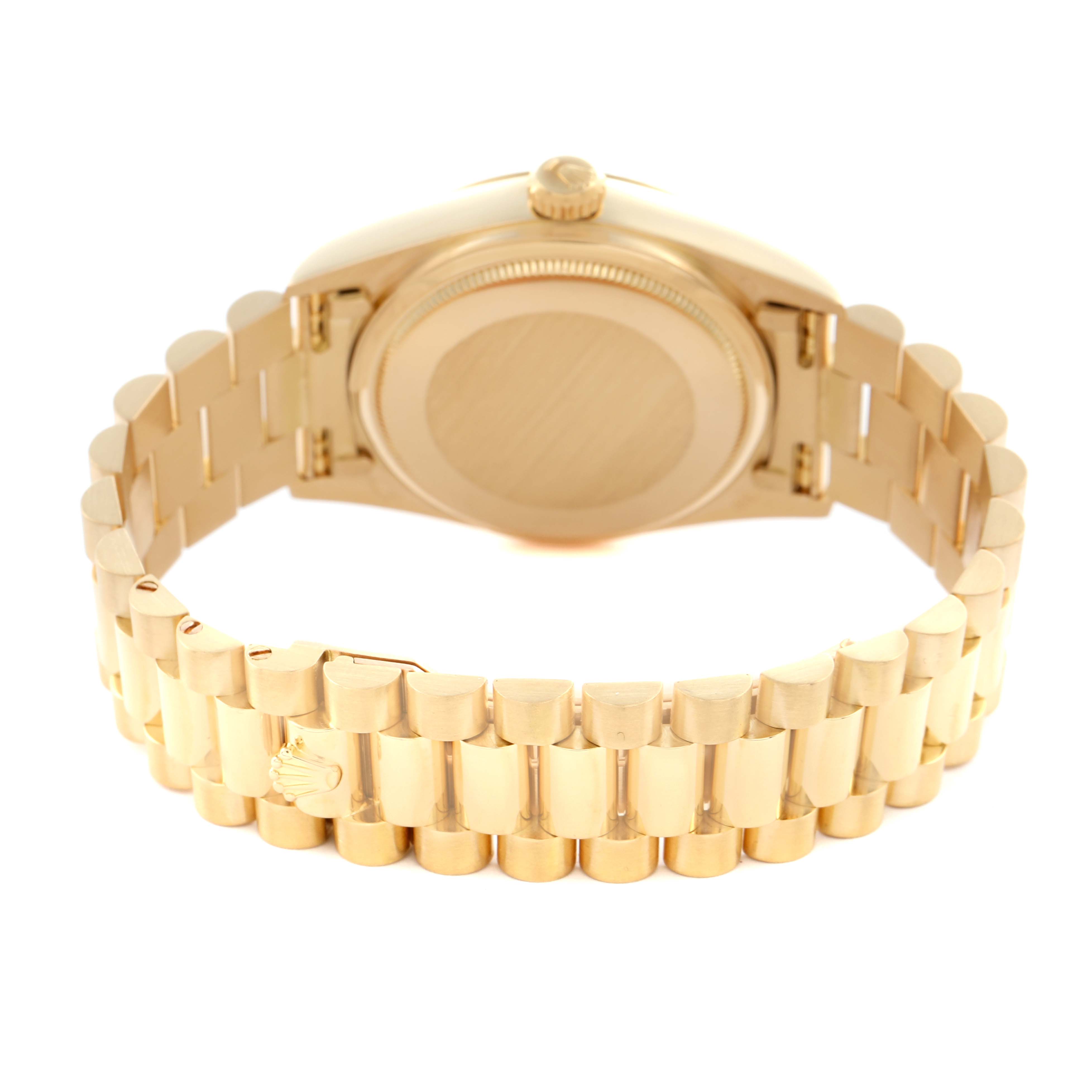 The image shows the back of a Rolex President 18038 Men's Yellow Gold Champagne Dial 18038 Men's Yellow Gold Champagne Dial watch, focusing on the bracelet and case back.