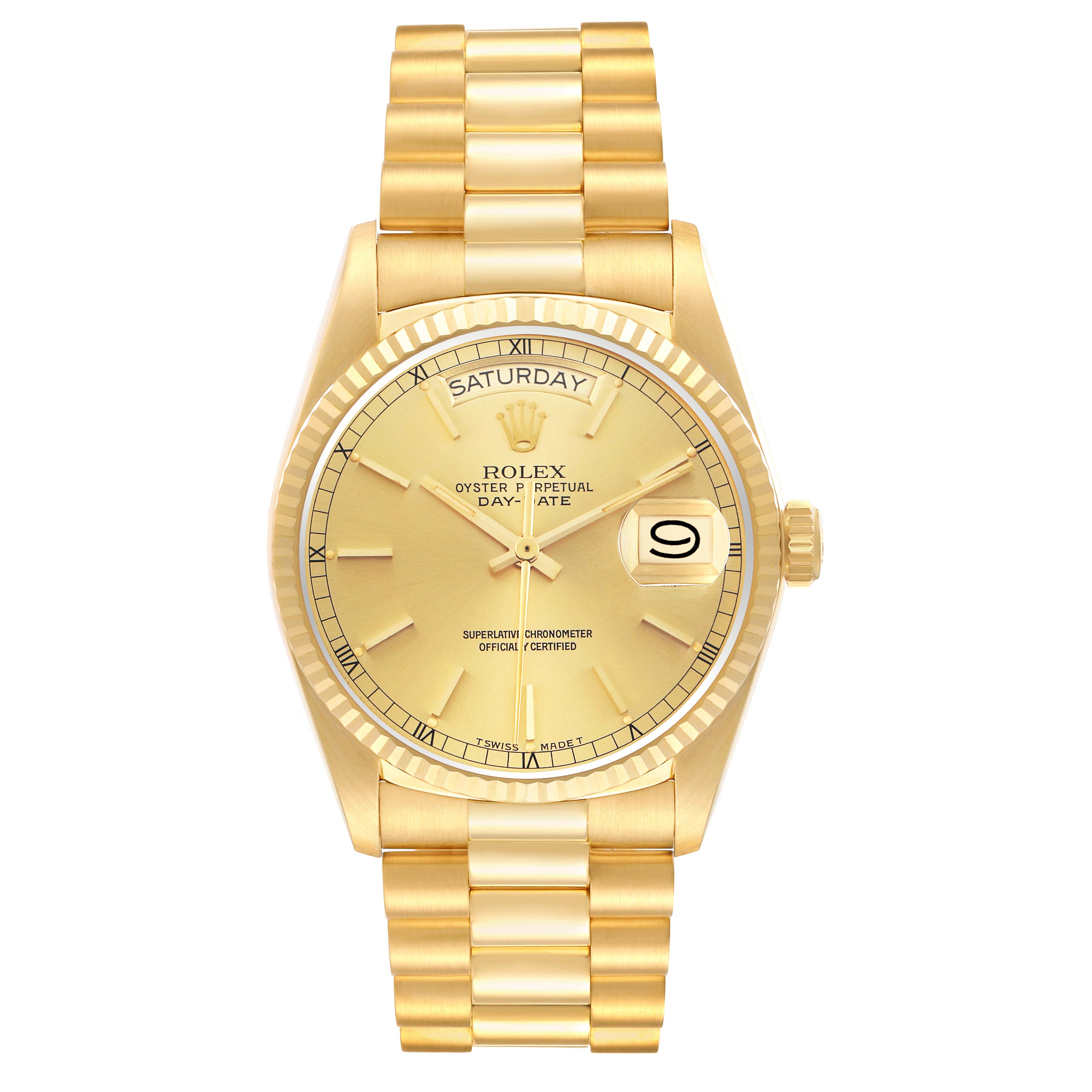 The Rolex President 18038 Men's Yellow Gold Champagne Dial 18038 Men's Yellow Gold Champagne Dial model is shown from the front, highlighting its gold dial, day-date features, bezel, and bracelet.