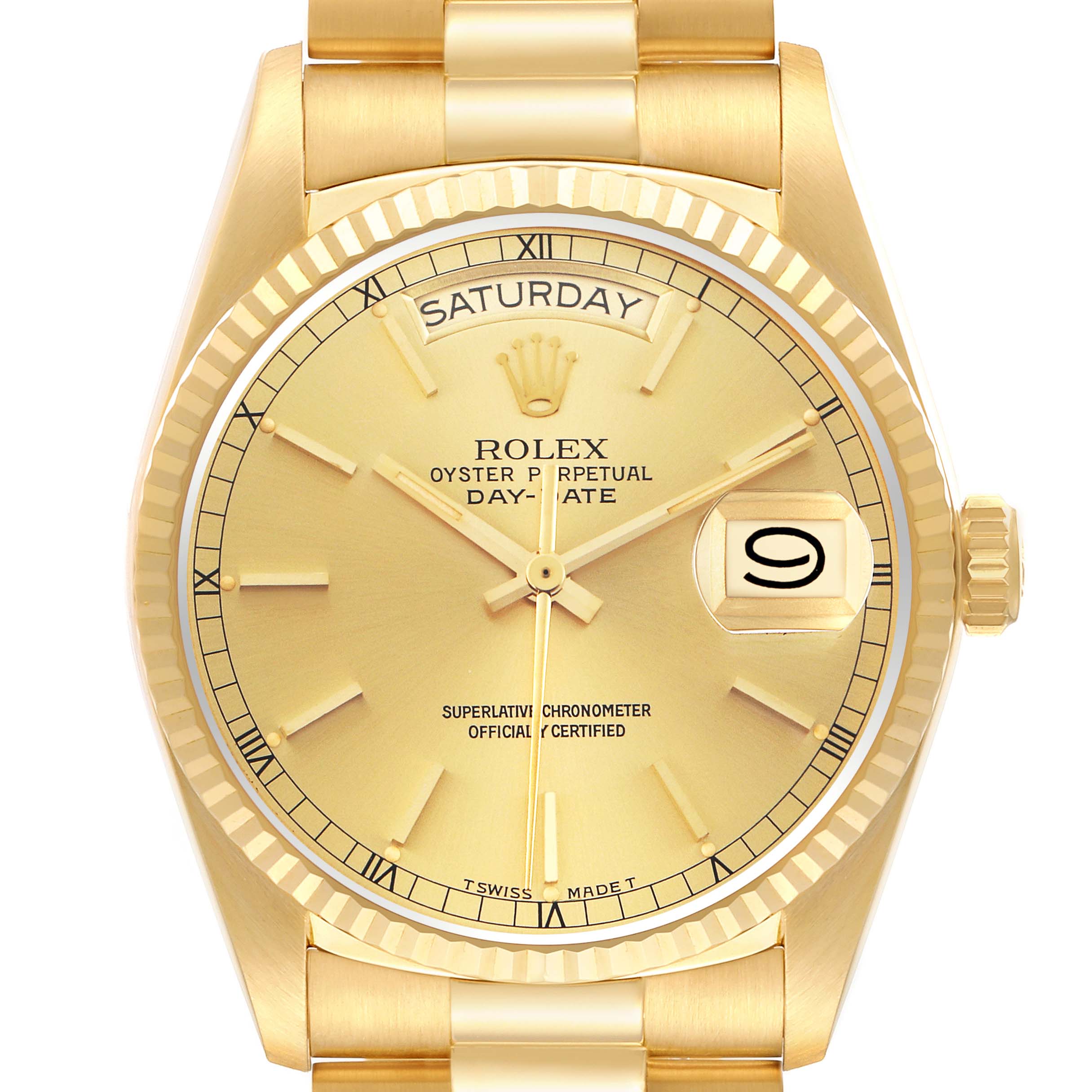 The Rolex President 18038 Men's Yellow Gold Champagne Dial 18038 Men's Yellow Gold Champagne Dial watch is shown from the front, highlighting the dial, fluted bezel, day, and date windows.