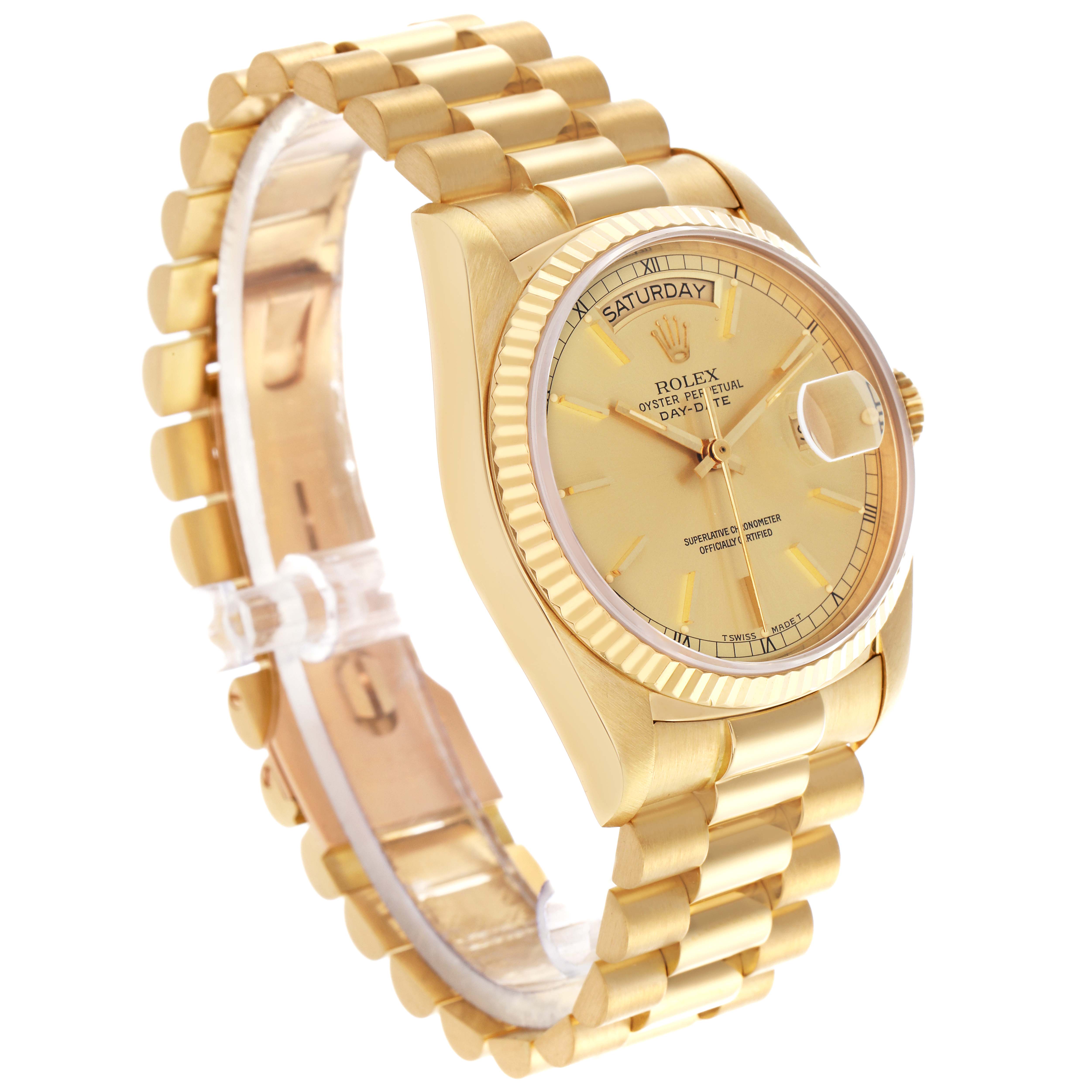 The Rolex President 18038 Men's Yellow Gold Champagne Dial 18038 Men's Yellow Gold Champagne Dial watch is shown at a three-quarter angle, highlighting its gold bracelet, fluted bezel, and dial with date display.