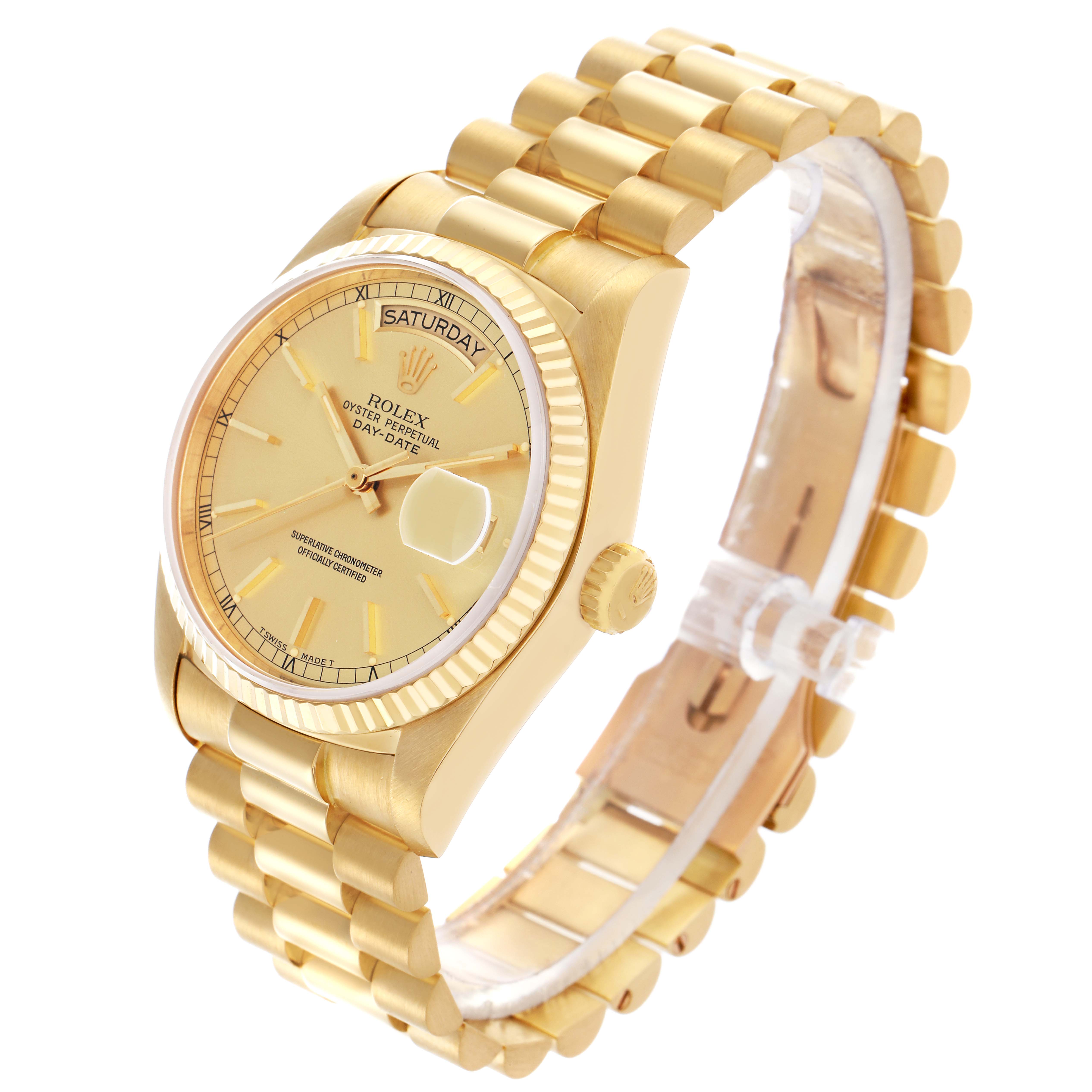 The Rolex President 18038 Men's Yellow Gold Champagne Dial 18038 Men's Yellow Gold Champagne Dial model is shown from a three-quarter angle, highlighting the gold bracelet, case, dial, and crown.