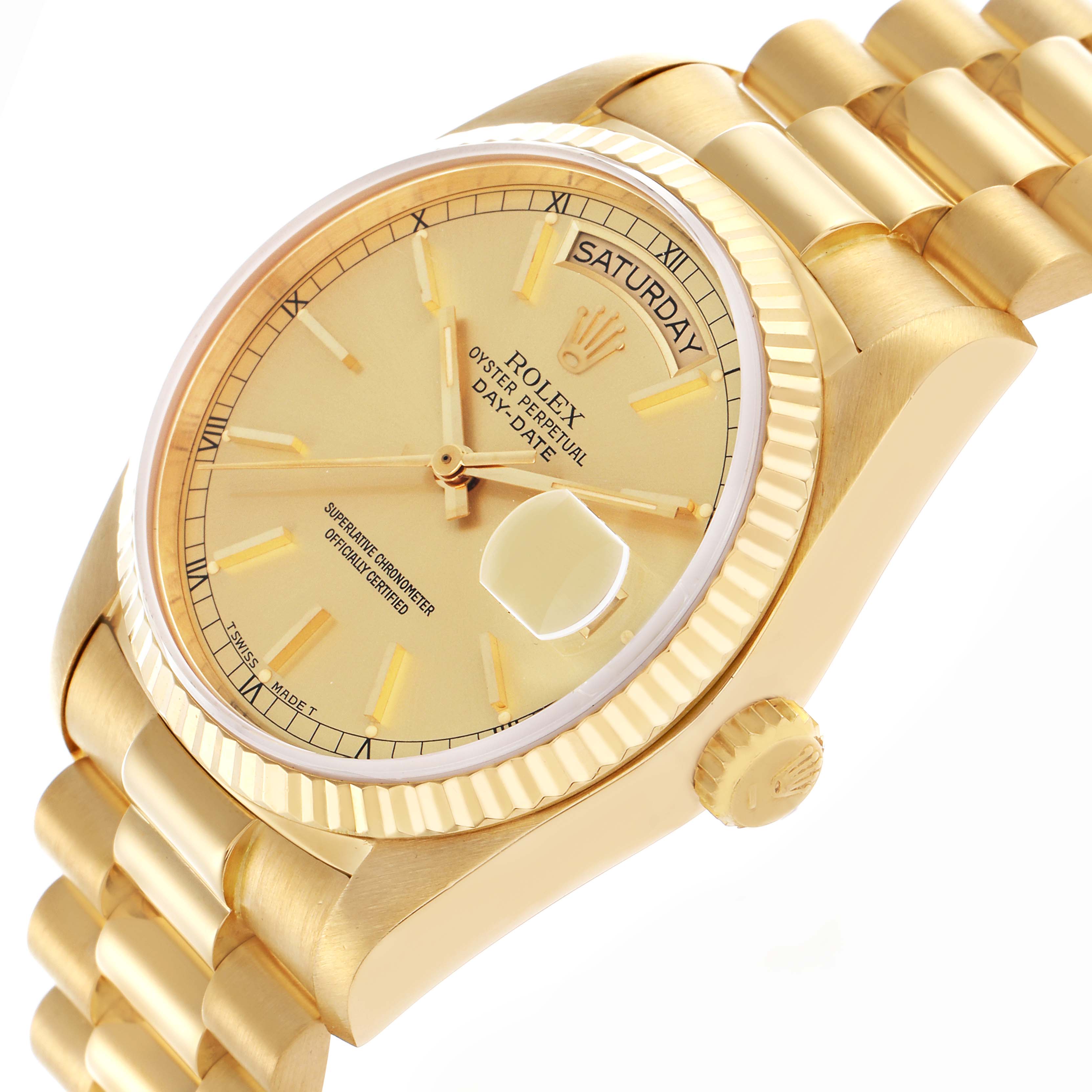 The Rolex President 18038 Men's Yellow Gold Champagne Dial 18038 Men's Yellow Gold Champagne Dial watch is shown from a side angle, highlighting the dial, bezel, crown, and bracelet.