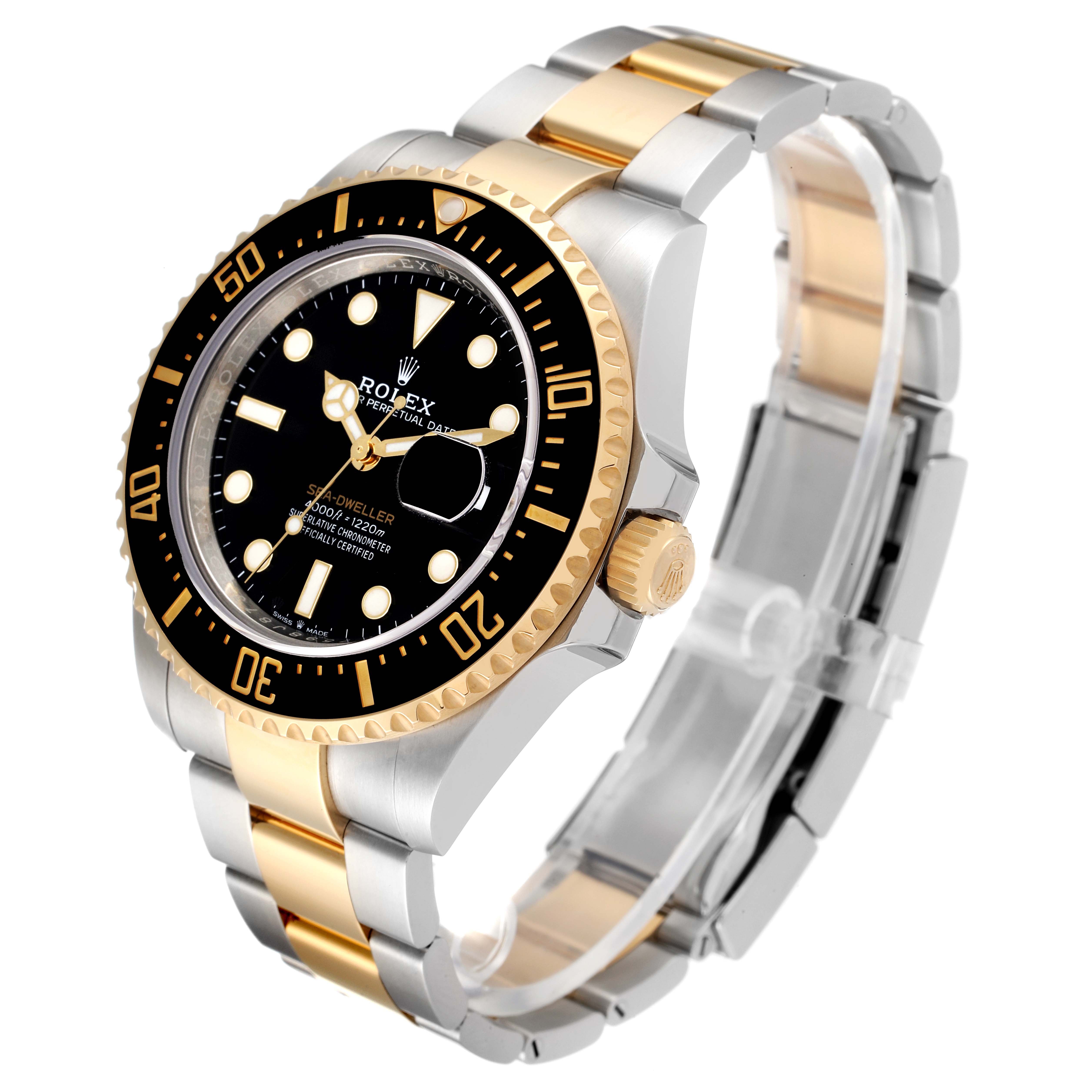 The Rolex Sea-Dweller 126603 Men
s Steel and Gold (two tone) Black Dial 126603 Men
s Steel and Gold (two tone) Black Dial watch is shown at an angle displaying the front, side, and bracelet.