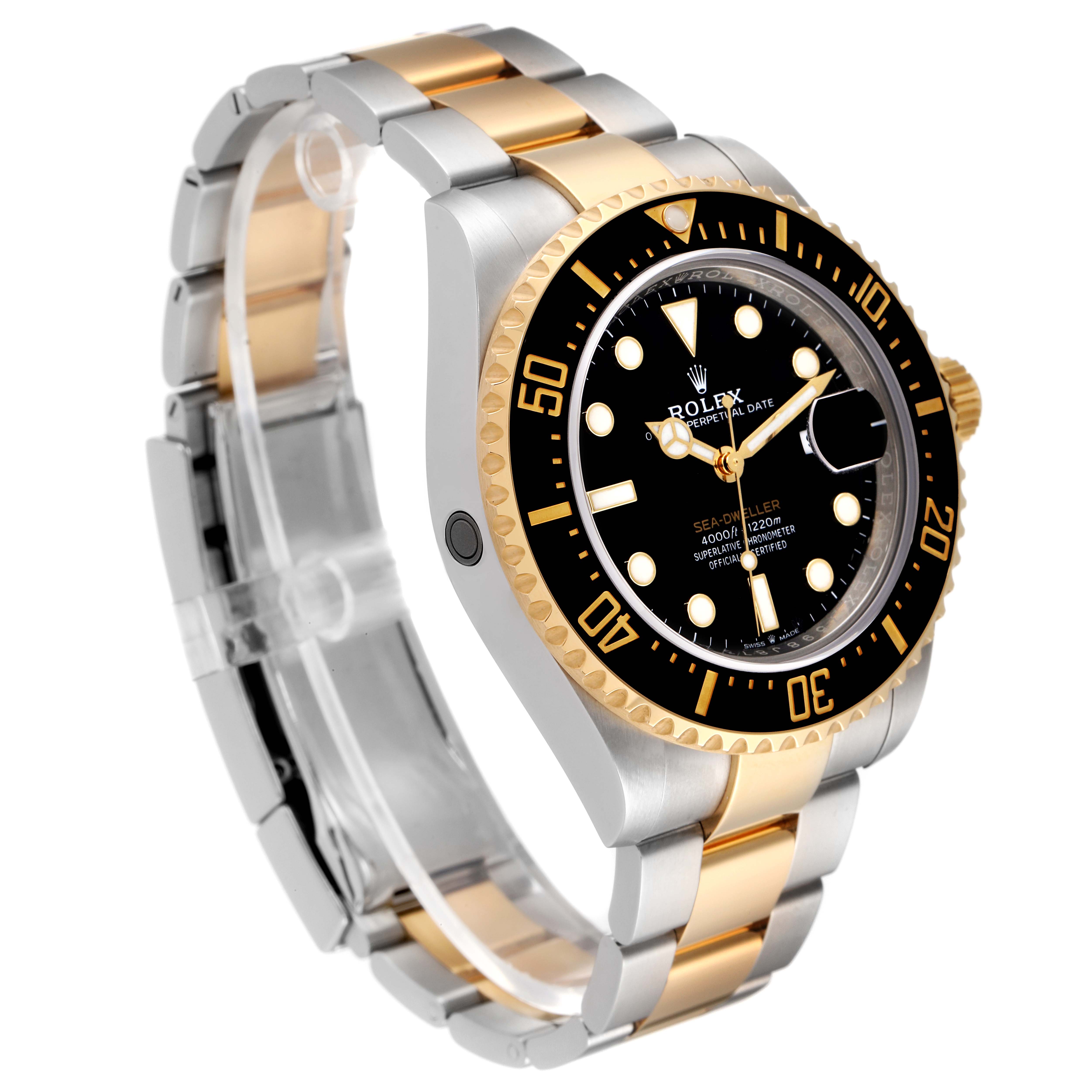 The Rolex Sea-Dweller 126603 Men
s Steel and Gold (two tone) Black Dial 126603 Men
s Steel and Gold (two tone) Black Dial is shown at an angle highlighting its face, bezel, and two-tone bracelet.