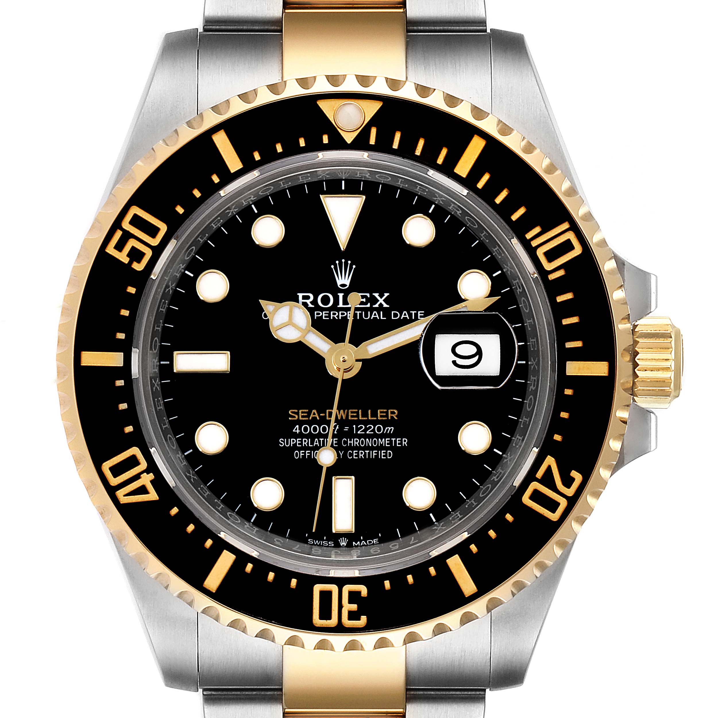 The Rolex Sea-Dweller 126603 Men
s Steel and Gold (two tone) Black Dial 126603 Men
s Steel and Gold (two tone) Black Dial watch is shown from the front, highlighting its black dial, gold accents, and date window.