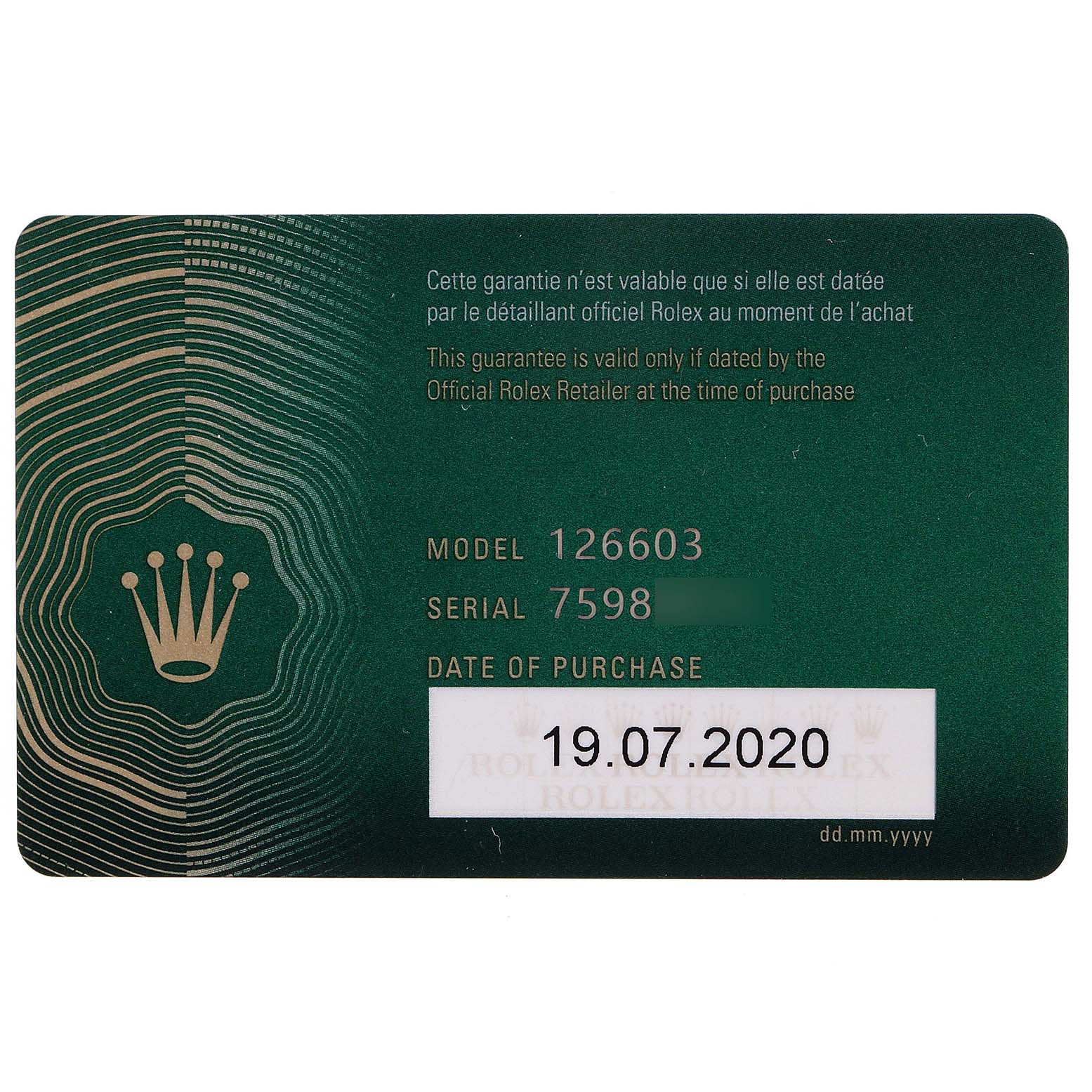 The image shows the warranty card for the Rolex Sea-Dweller 126603 Men
s Steel and Gold (two tone) Black Dial 126603 Men
s Steel and Gold (two tone) Black Dial model 126603 purchased on 19.07.2020.