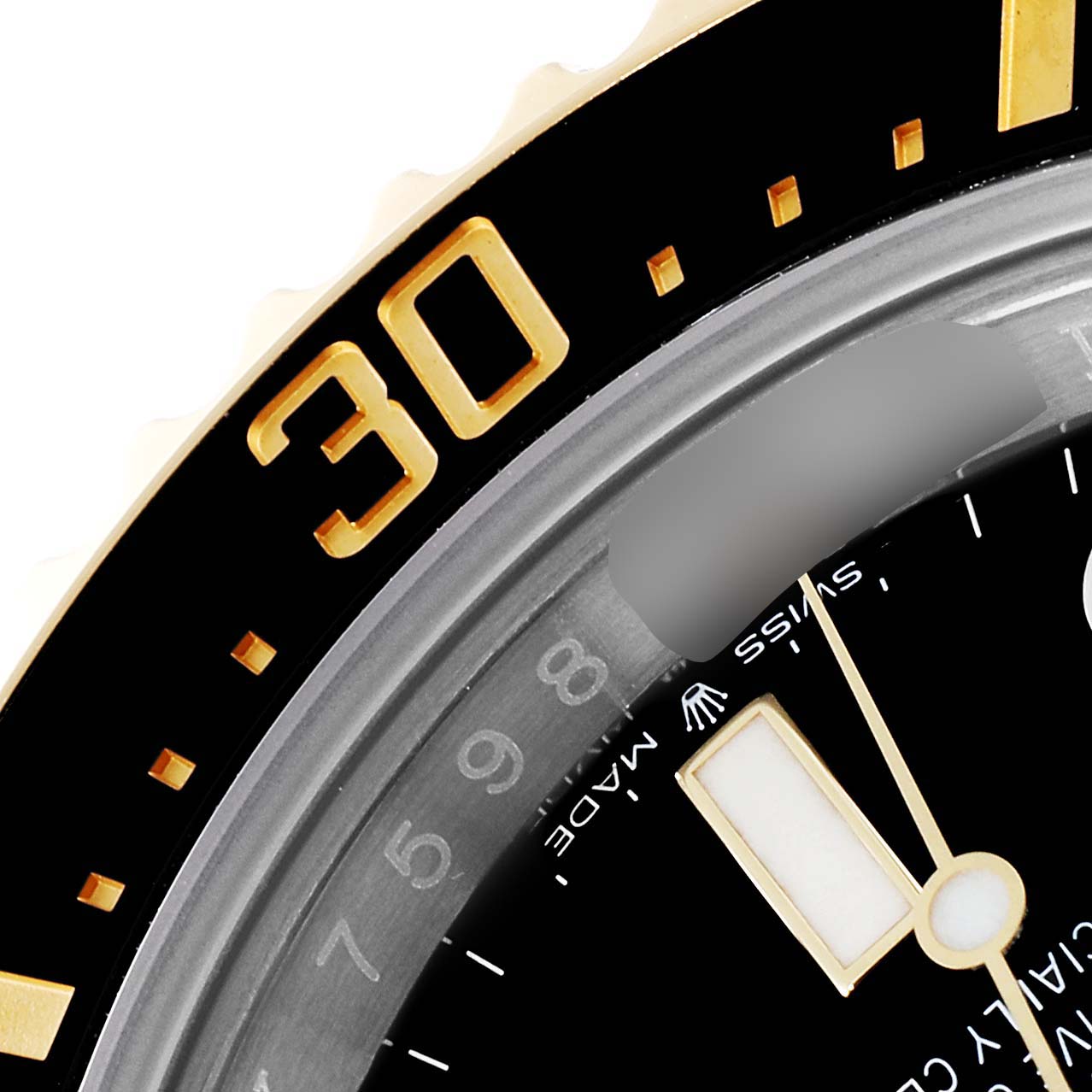 The angled close-up image shows the bezel, part of the dial, and the minute hand of the Rolex Sea-Dweller 126603 Men
s Steel and Gold (two tone) Black Dial 126603 Men
s Steel and Gold (two tone) Black Dial watch.