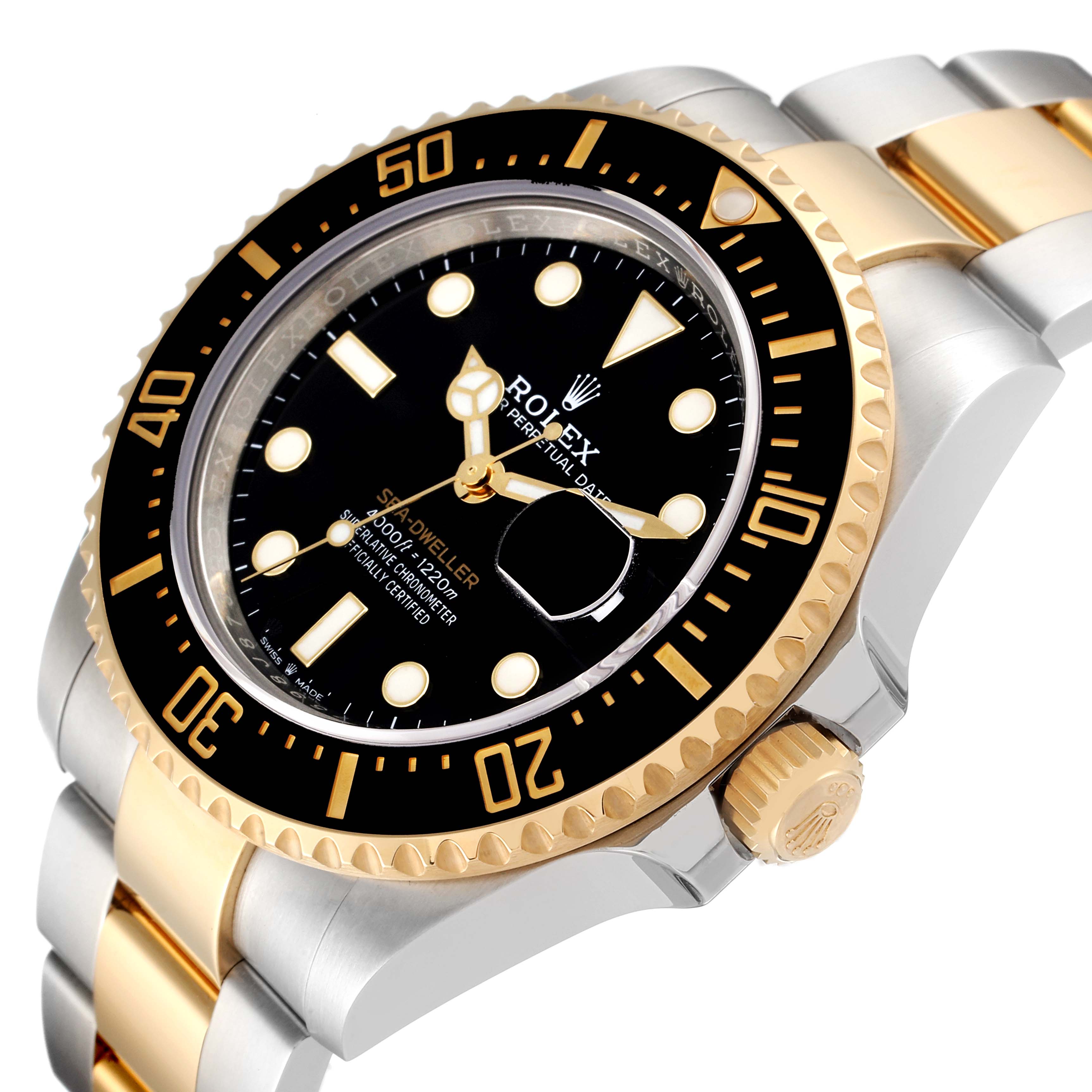 The Rolex Sea-Dweller 126603 Men
s Steel and Gold (two tone) Black Dial 126603 Men
s Steel and Gold (two tone) Black Dial watch is shown at a three-quarter angle, displaying its black dial, bezel, two-tone bracelet, and crown.