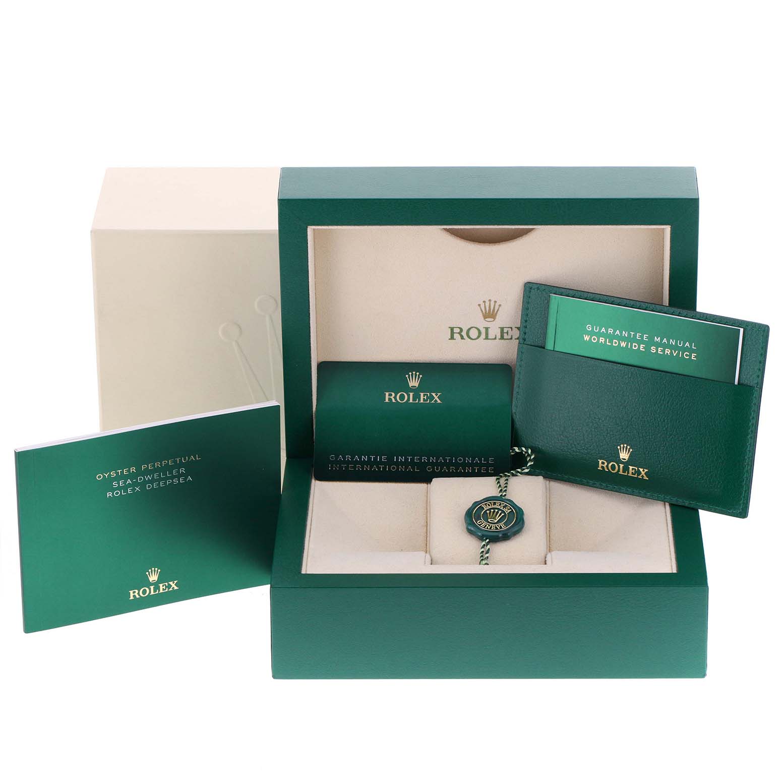 The image shows the packaging, guarantee manual, and certification documents of a Rolex Sea-Dweller 126603 Men
s Steel and Gold (two tone) Black Dial 126603 Men
s Steel and Gold (two tone) Black Dial watch.