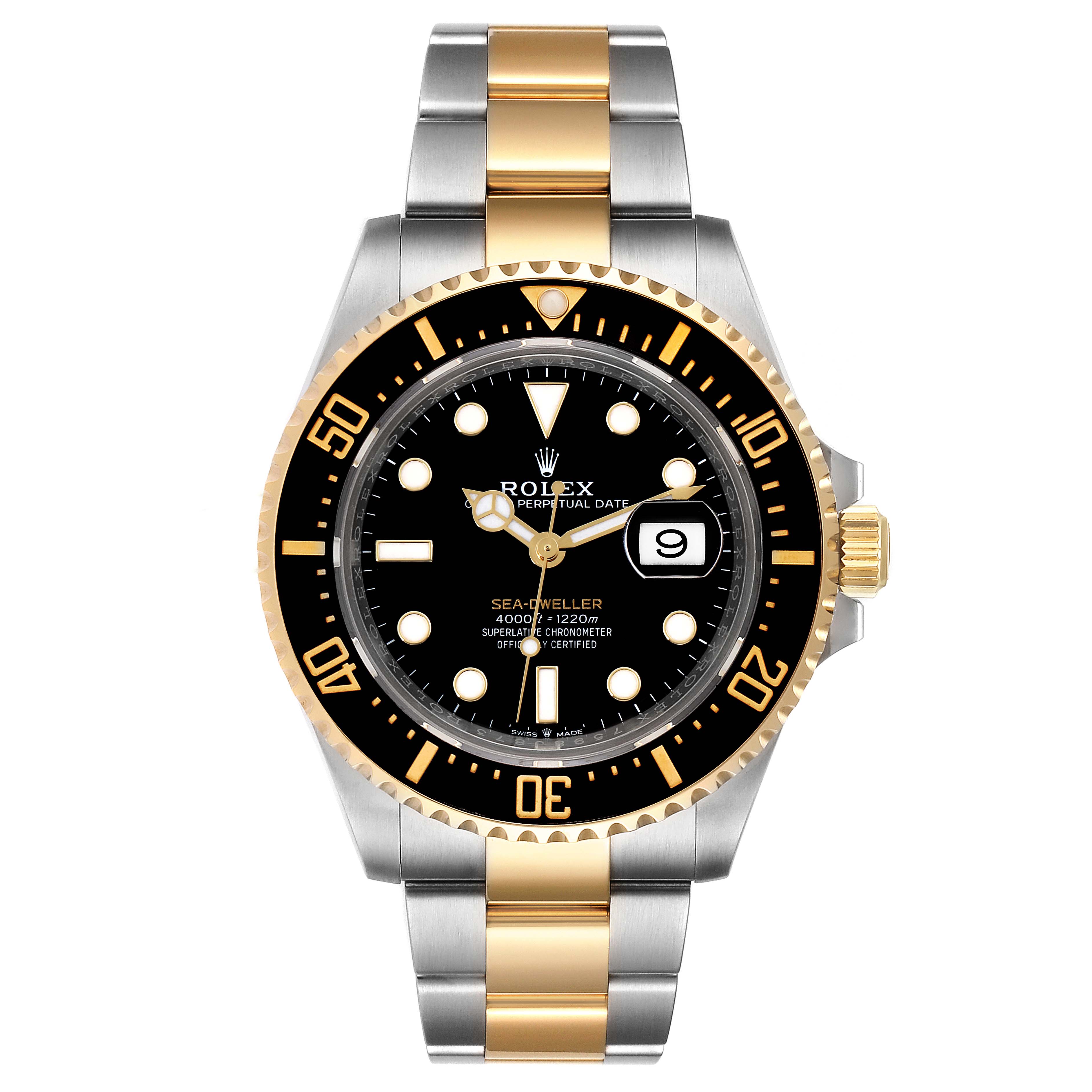 The image shows a front view of the Rolex Sea-Dweller 126603 Men
s Steel and Gold (two tone) Black Dial 126603 Men
s Steel and Gold (two tone) Black Dial watch, highlighting the dial, bezel, bracelet, and crown.