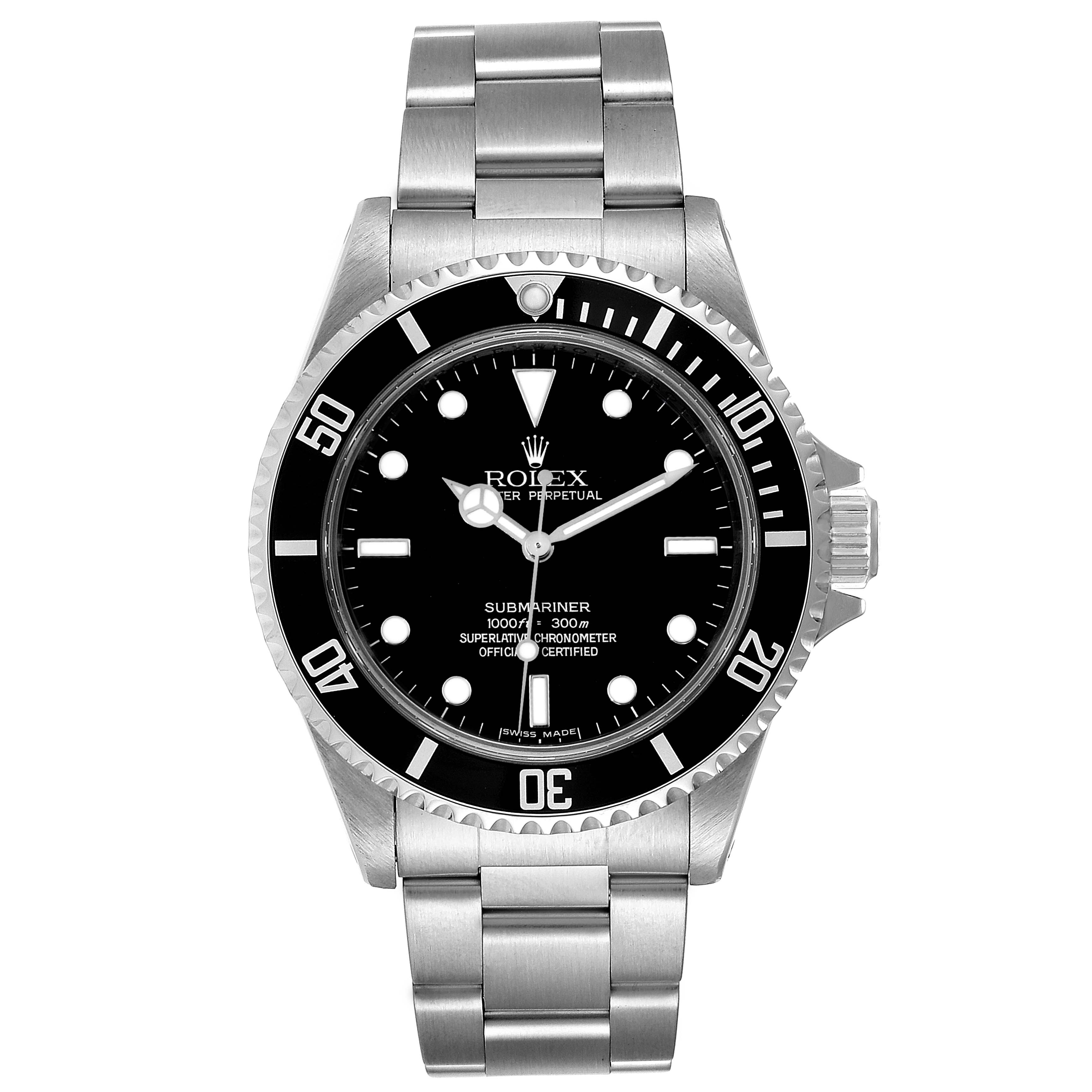 The image shows a frontal view of a Rolex Submariner 14060M Men
s Stainless Steel Black Dial 14060M Men
s Stainless Steel Black Dial watch featuring its dial, bezel, and bracelet.