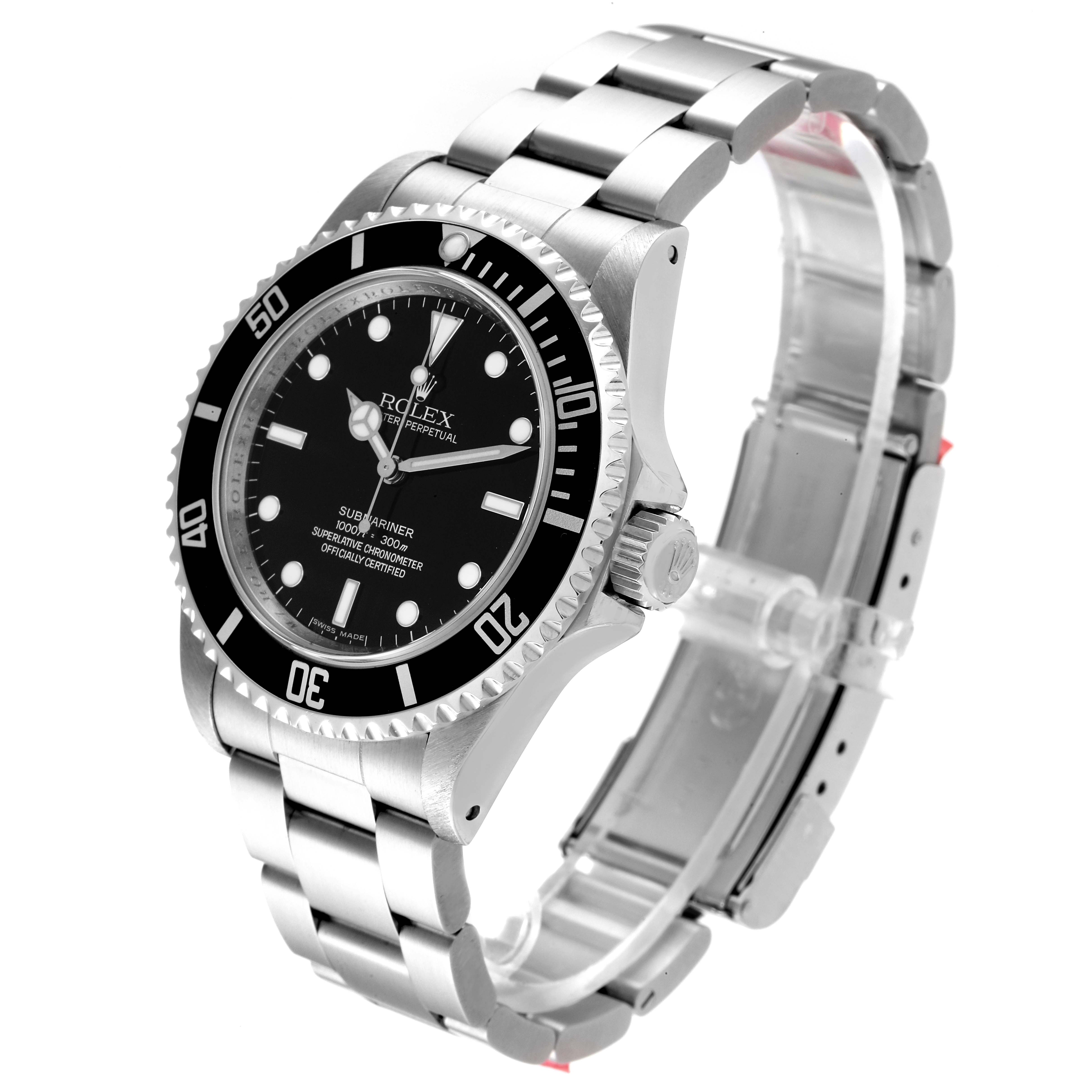 This image displays a Rolex Submariner 14060M Men
s Stainless Steel Black Dial 14060M Men
s Stainless Steel Black Dial watch at a three-quarter angle showing the face, bezel, and bracelet.