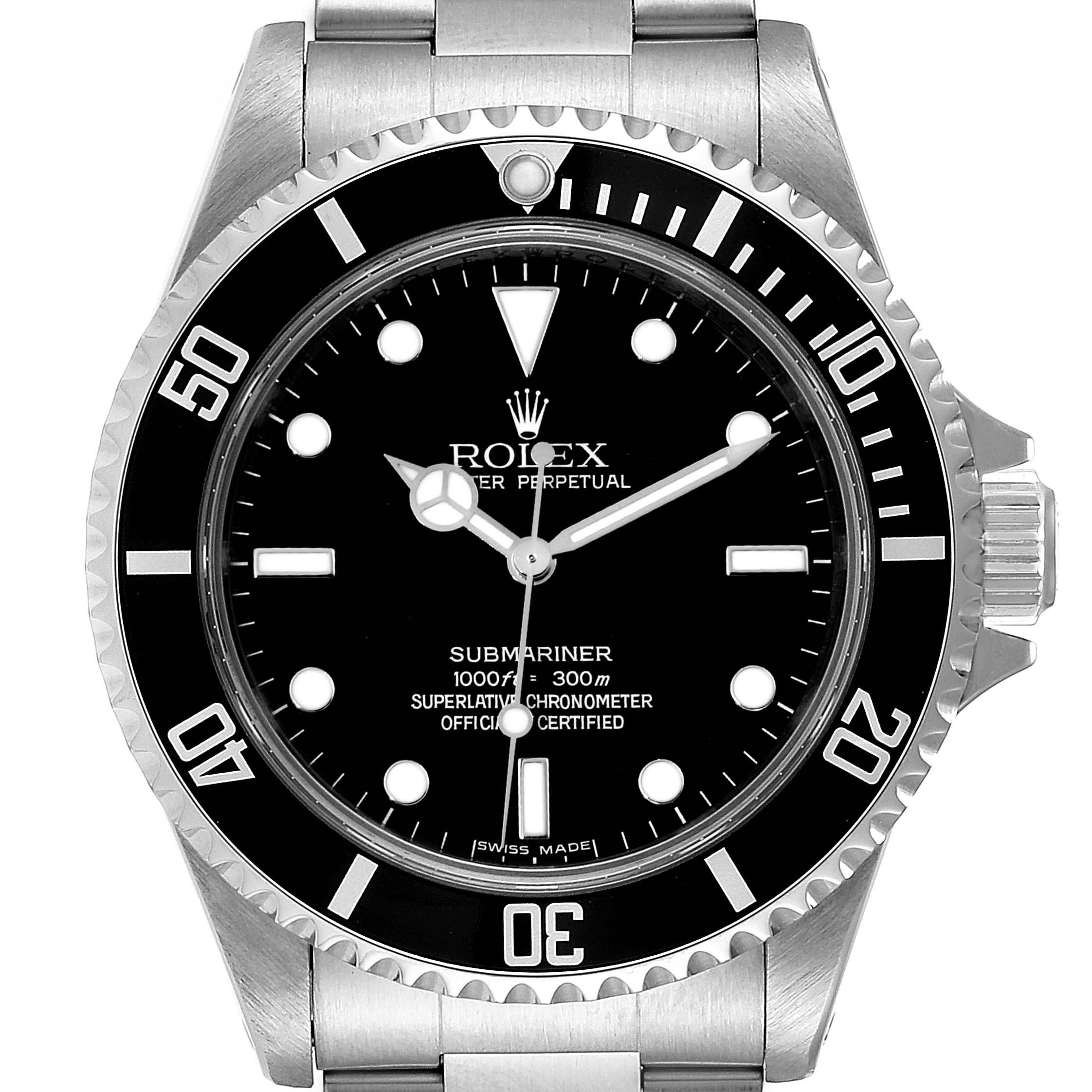 This image shows the front view of a Rolex Submariner 14060M Men
s Stainless Steel Black Dial 14060M Men
s Stainless Steel Black Dial watch, highlighting its dial, bezel, and bracelet.