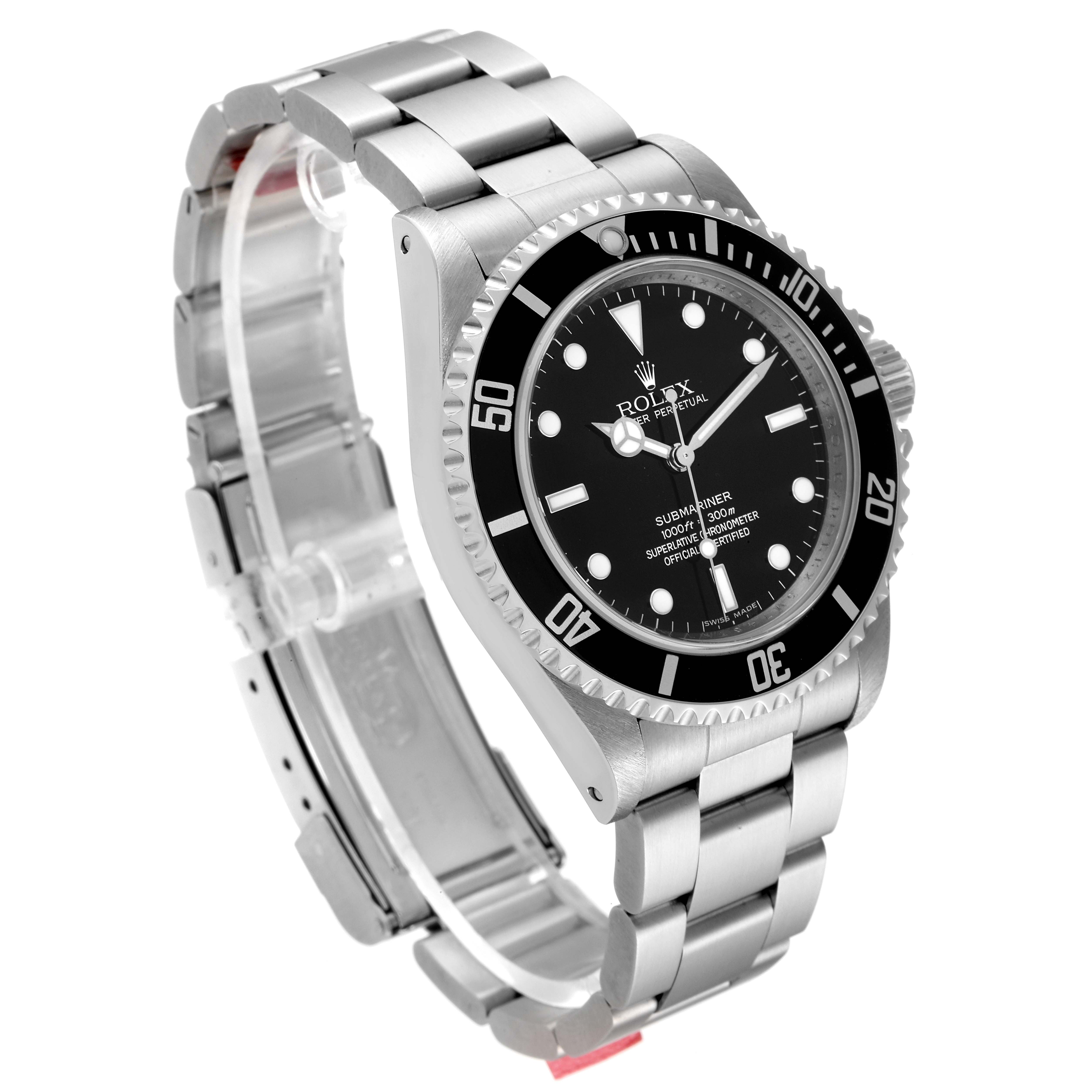 The image shows a side angle of the Rolex Submariner 14060M Men
s Stainless Steel Black Dial 14060M Men
s Stainless Steel Black Dial watch, highlighting its bracelet, bezel, crown, and dial.