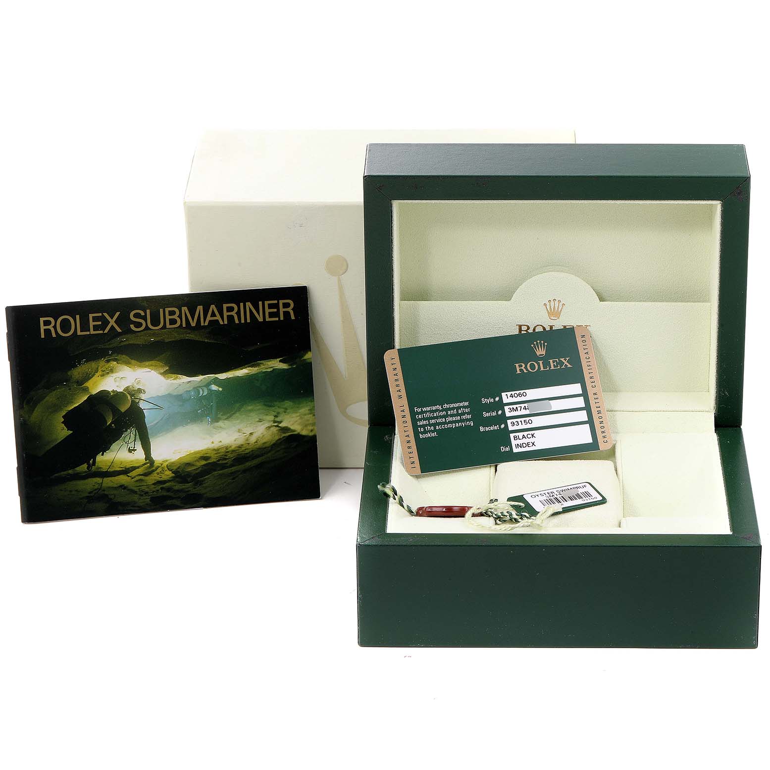 This image shows the open box, manuals, and Best Quality
ation card for a Rolex Submariner 14060M Men
s Stainless Steel Black Dial 14060M Men
s Stainless Steel Black Dial watch.