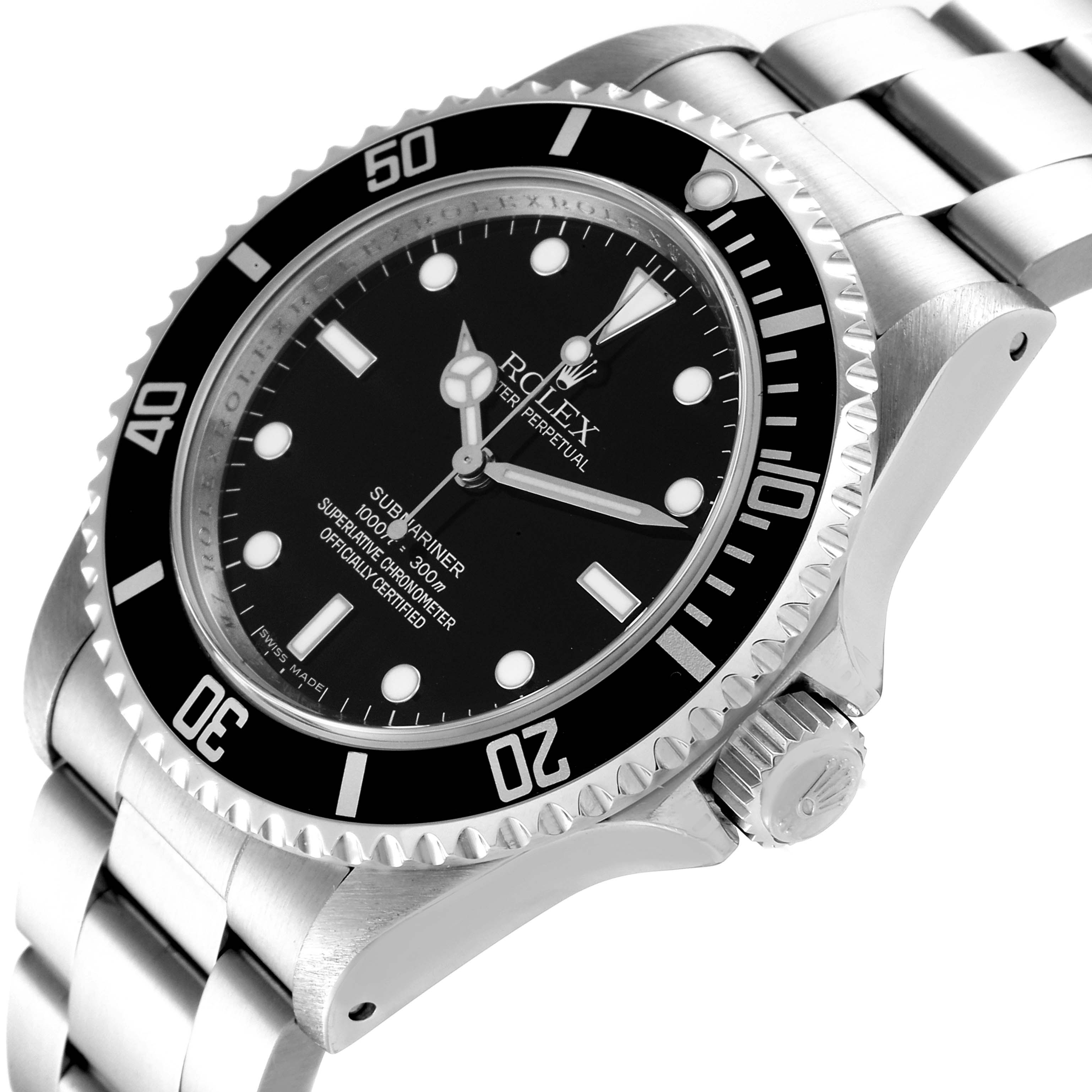 This image shows a side angle of the Rolex Submariner 14060M Men
s Stainless Steel Black Dial 14060M Men
s Stainless Steel Black Dial watch, highlighting the bezel, crown, and bracelet.