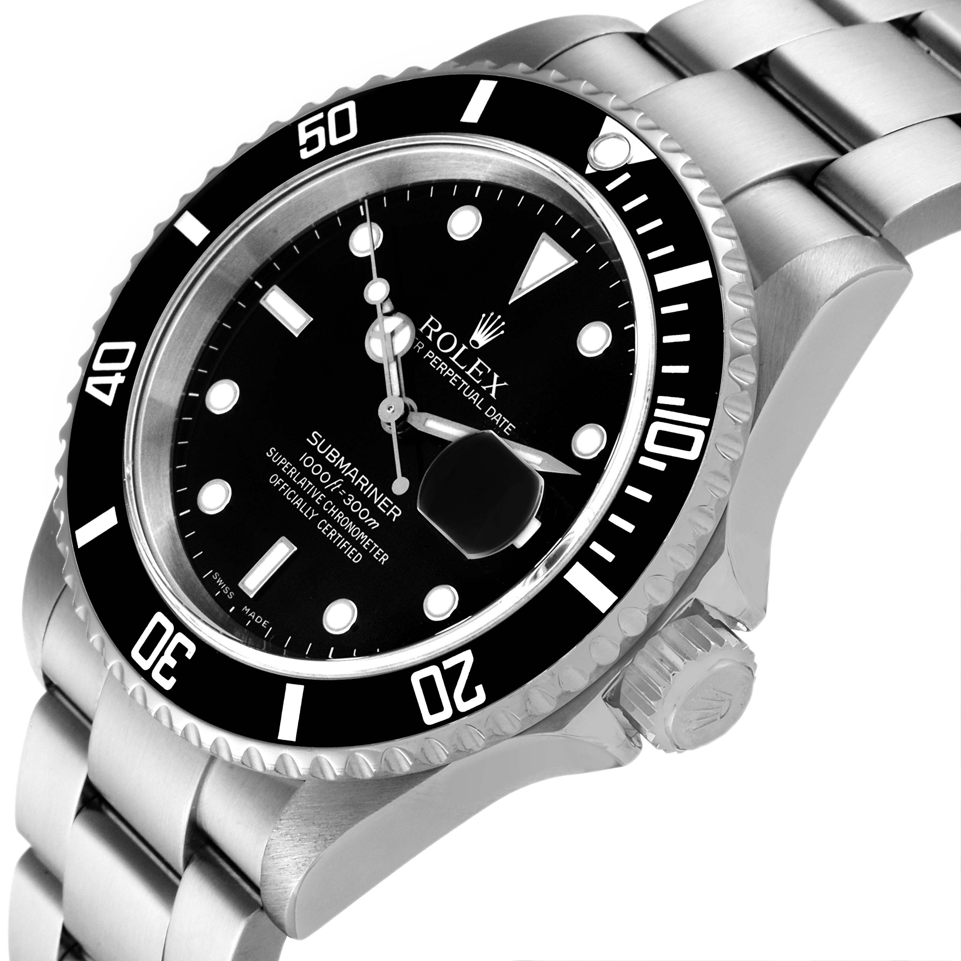 The image shows a close-up angle of the Rolex Submariner 16610 Men
s Stainless Steel Black Dial 16610 Men
s Stainless Steel Black Dial, displaying its dial, bezel, and part of its bracelet.