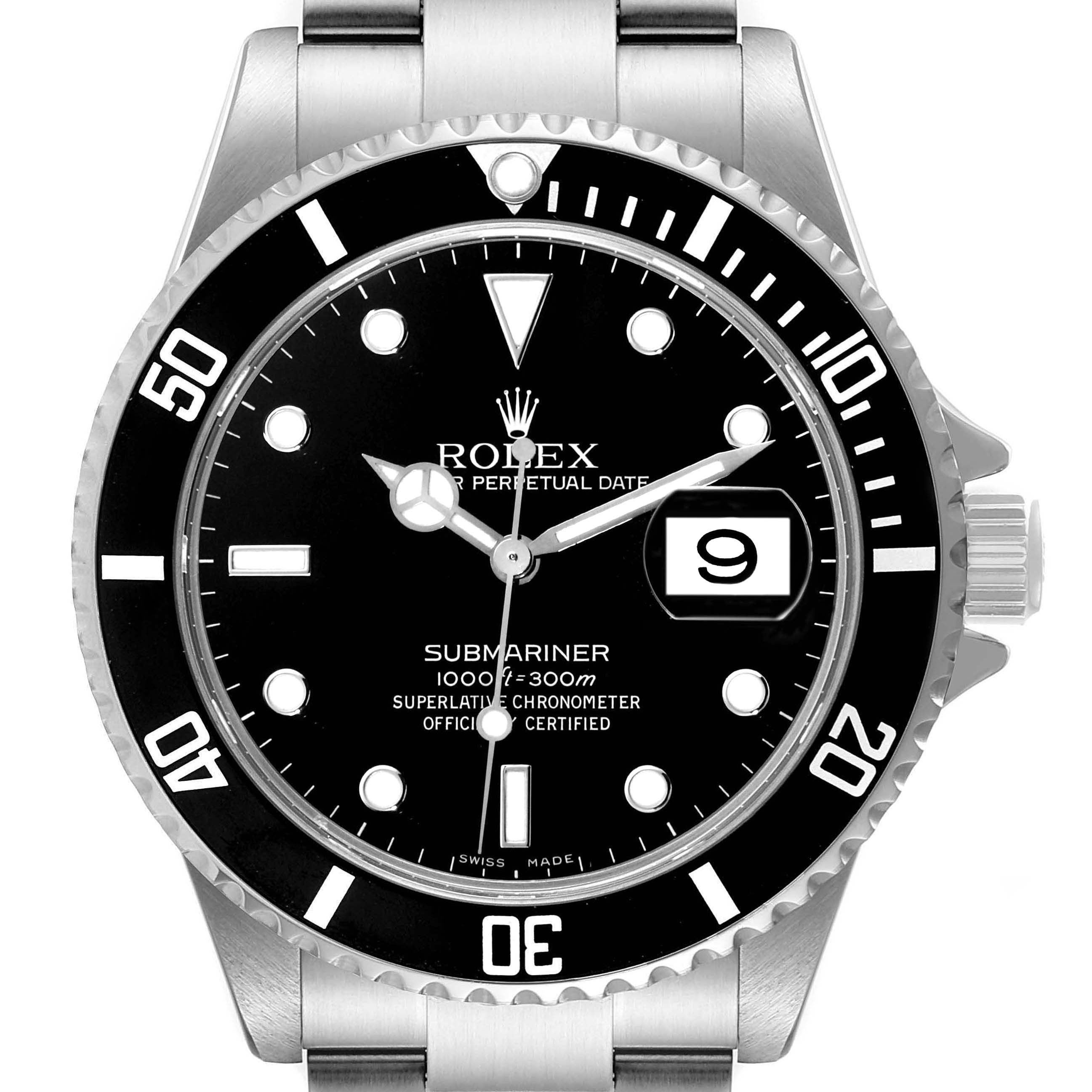 This image shows a frontal view of a Rolex Submariner 16610 Men
s Stainless Steel Black Dial 16610 Men
s Stainless Steel Black Dial, displaying its dial, bezel, and part of the stainless steel bracelet.