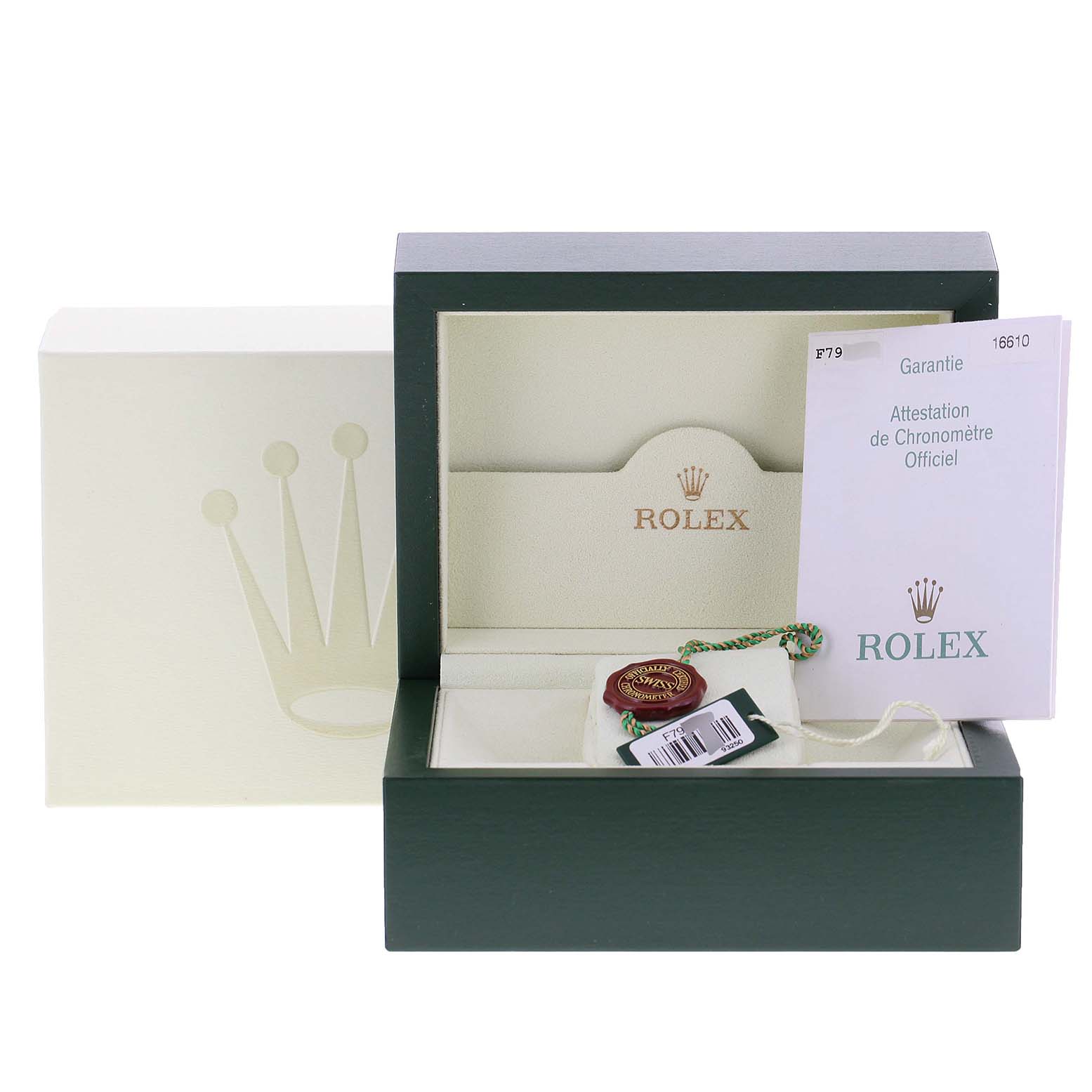 This image shows the official box and certification papers for a Rolex Submariner 16610 Men
s Stainless Steel Black Dial 16610 Men
s Stainless Steel Black Dial watch.