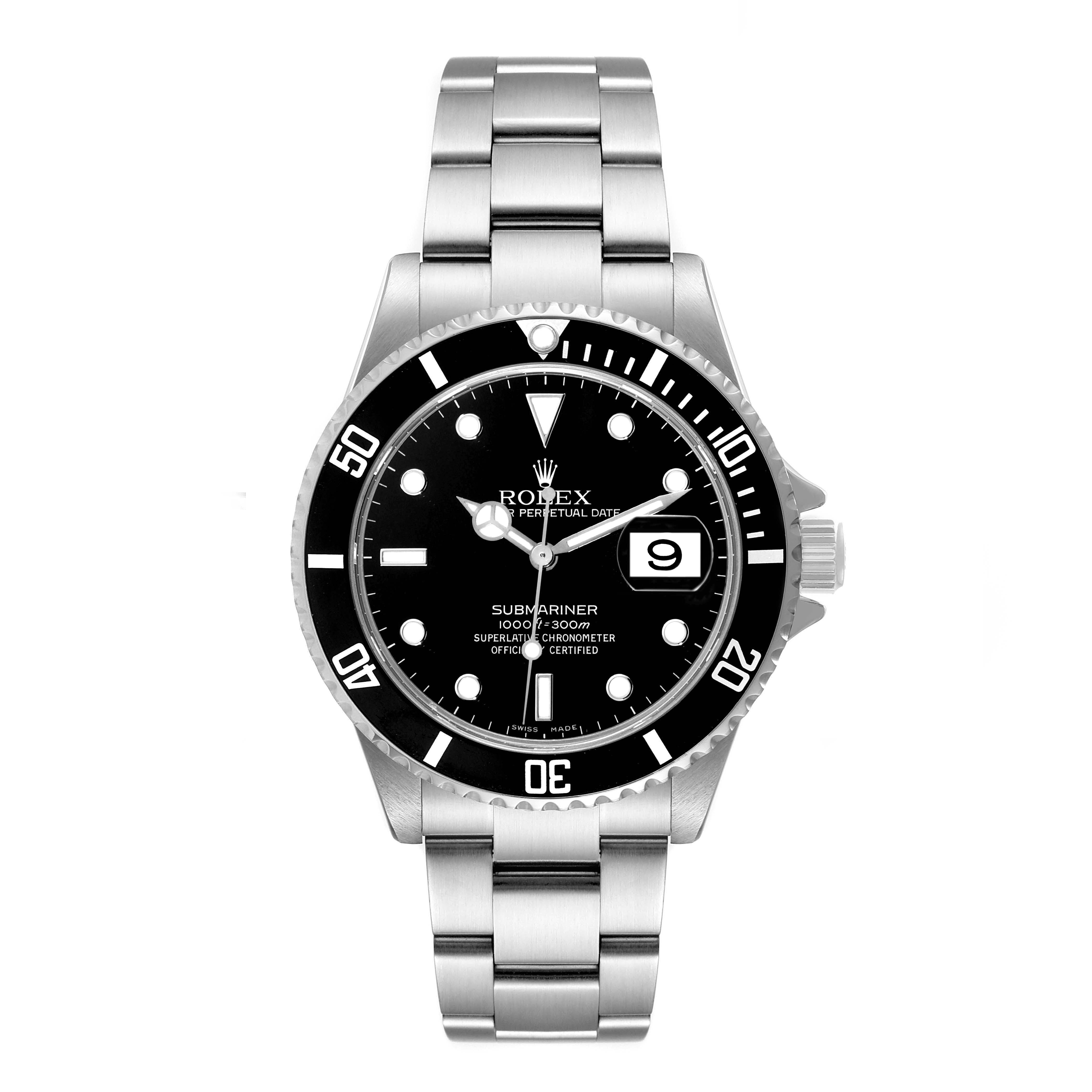 The image shows a front view of a Rolex Submariner 16610 Men
s Stainless Steel Black Dial 16610 Men
s Stainless Steel Black Dial watch, displaying its dial, bezel, and bracelet.
