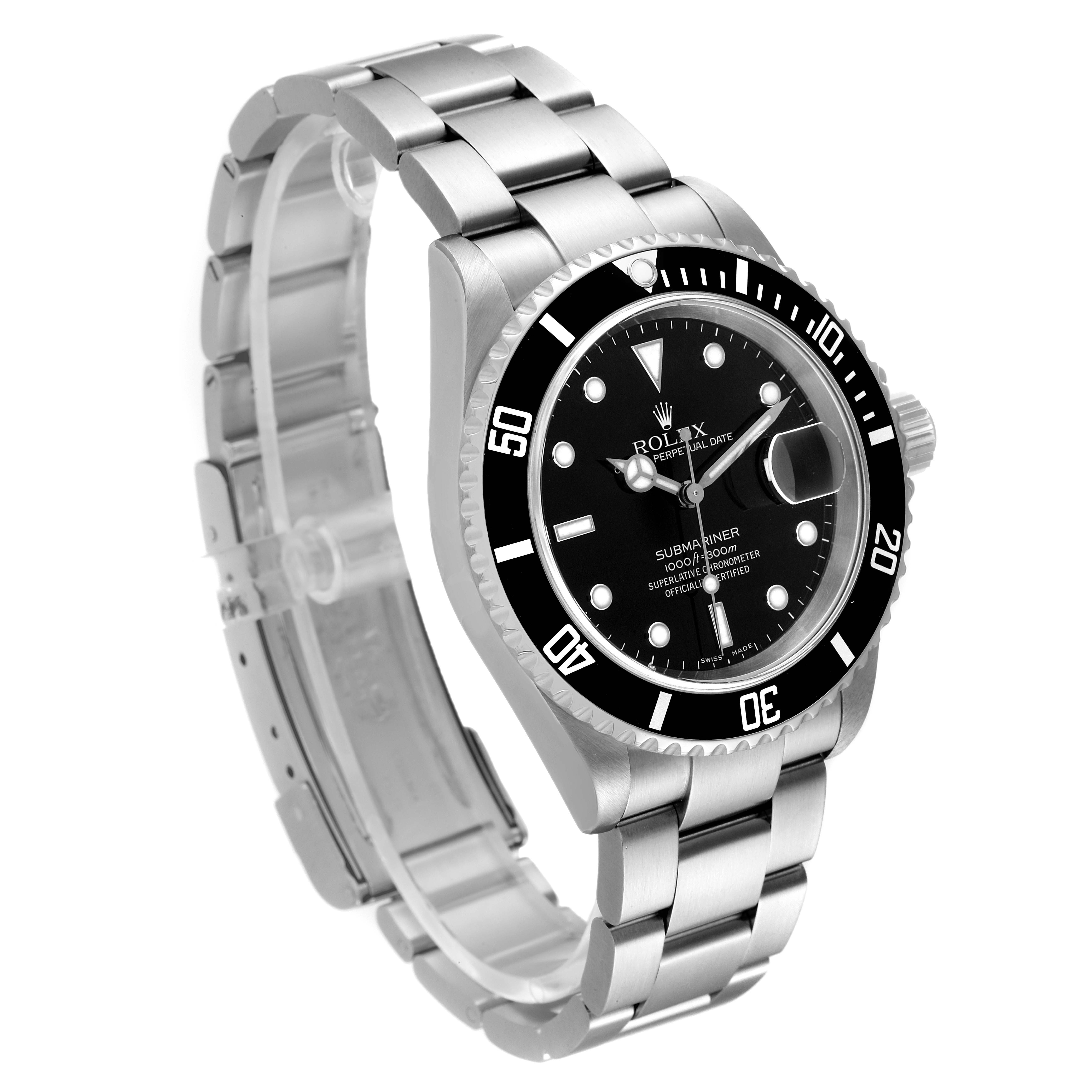 This Rolex Submariner 16610 Men
s Stainless Steel Black Dial 16610 Men
s Stainless Steel Black Dial watch is shown at a three-quarter angle, displaying the face, bezel, crown, and bracelet clearly.