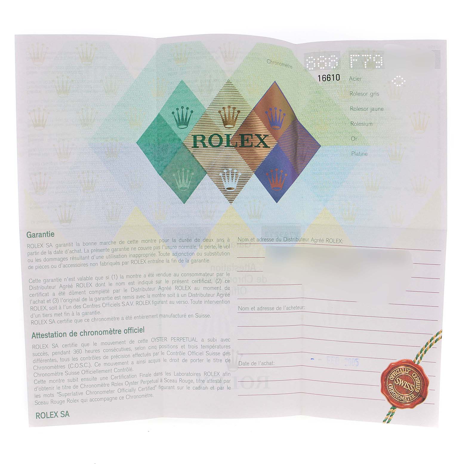 The image shows a warranty certificate for the Rolex Submariner 16610 Men
s Stainless Steel Black Dial 16610 Men
s Stainless Steel Black Dial watch model.