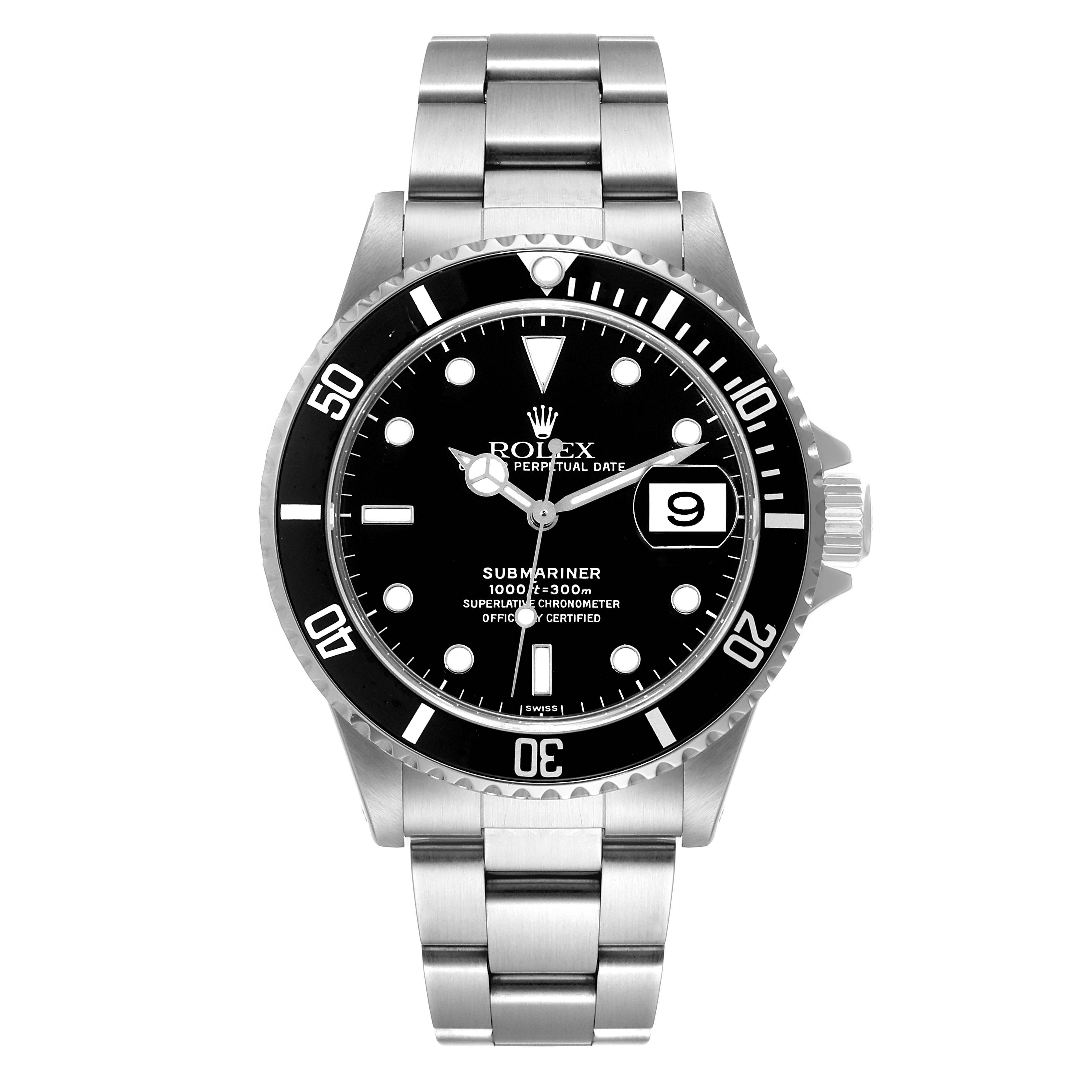The image shows a front view of a Rolex Submariner 16610 Men
s Stainless Steel Black Dial 16610 Men
s Stainless Steel Black Dial watch, highlighting its dial, bezel, bracelet, and crown.