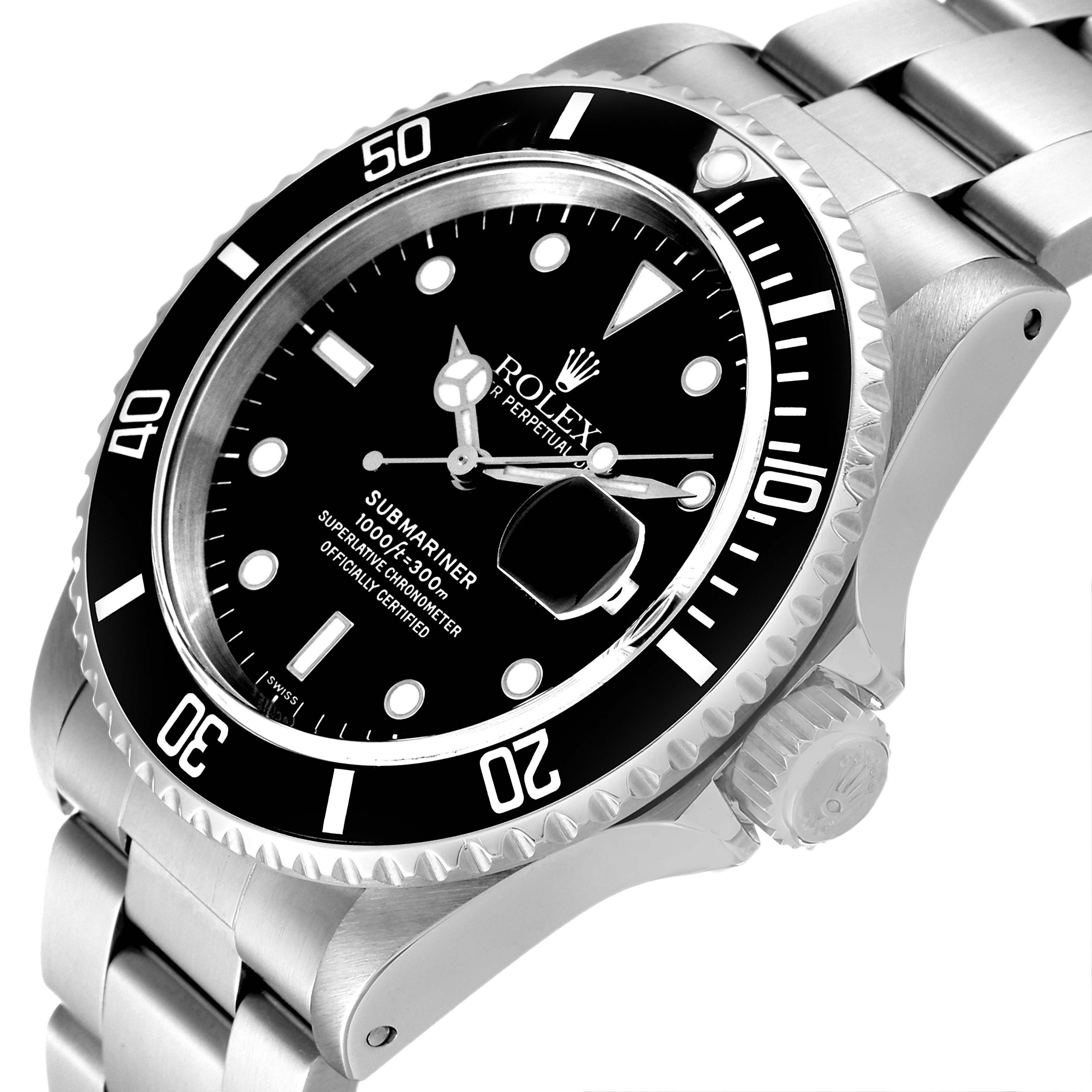 This image shows a close-up angled view of the Rolex Submariner 16610 Men
s Stainless Steel Black Dial 16610 Men
s Stainless Steel Black Dial watch, displaying its bezel, dial, crown, and bracelet.