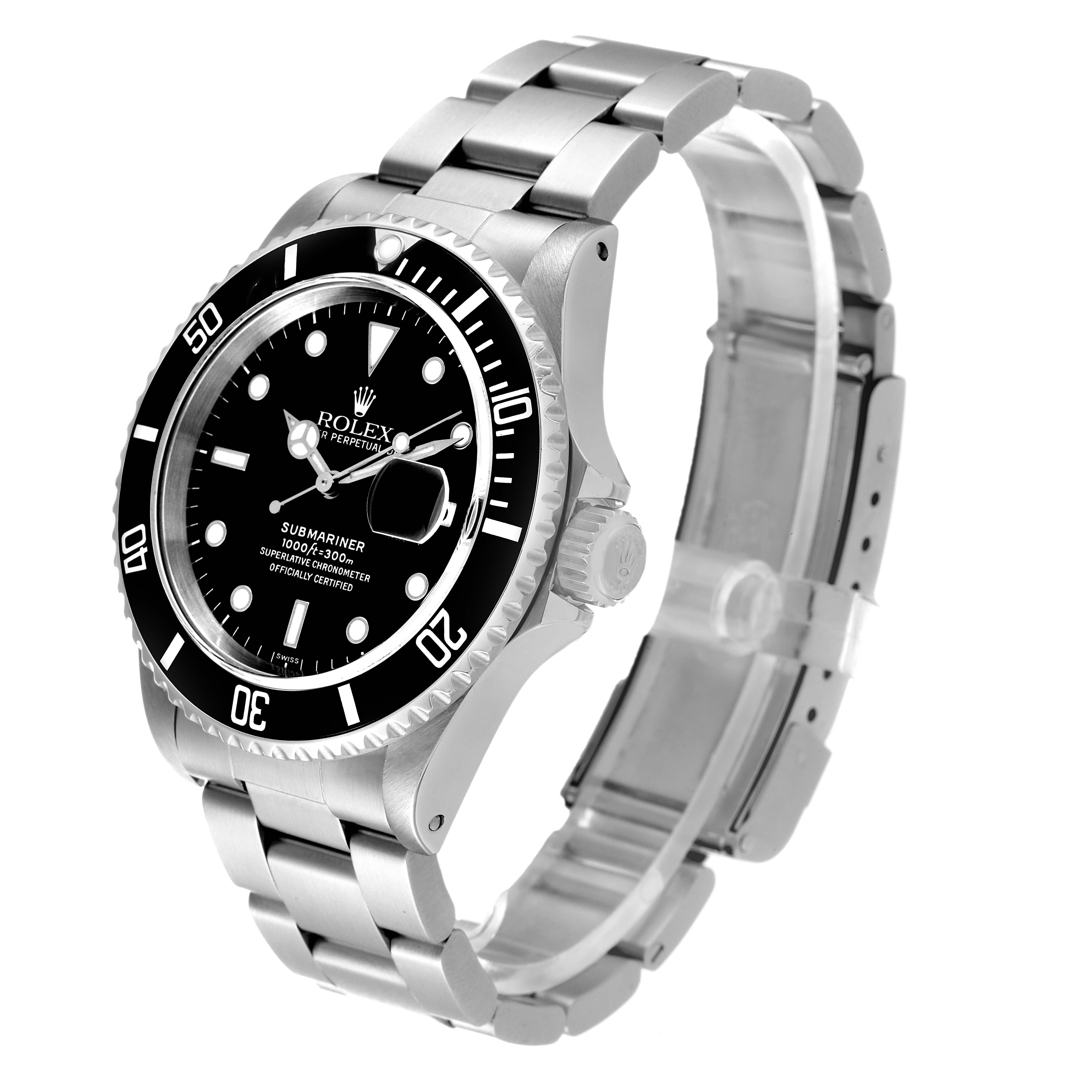 The Rolex Submariner 16610 Men
s Stainless Steel Black Dial 16610 Men
s Stainless Steel Black Dial watch is shown at an angle displaying its black dial, bezel, and stainless steel bracelet with the crown and clasp.