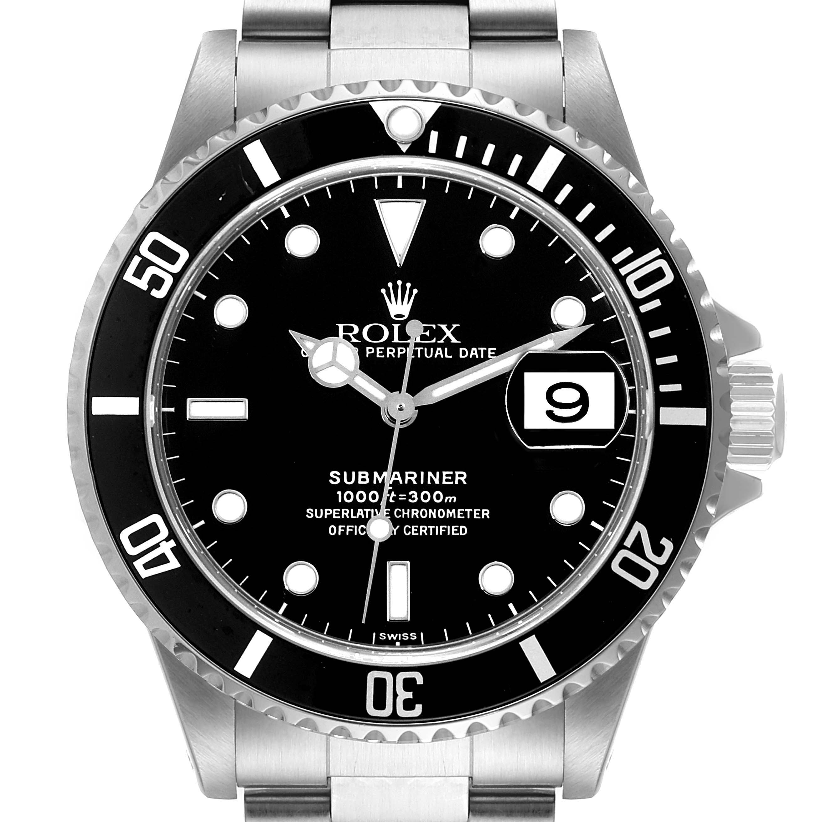 The image shows a front view of a Rolex Submariner 16610 Men
s Stainless Steel Black Dial 16610 Men
s Stainless Steel Black Dial watch, displaying the dial, bezel, hands, crown, and part of the bracelet.