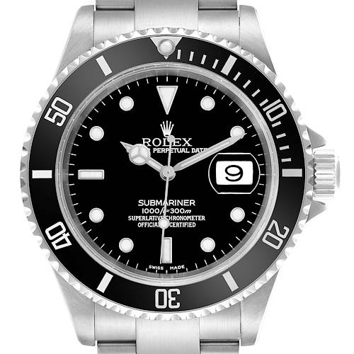 The Rolex Submariner 16610 Men's Stainless Steel Black Dial watch is shown from a front angle, displaying the bezel, dial, crown, and bracelet.