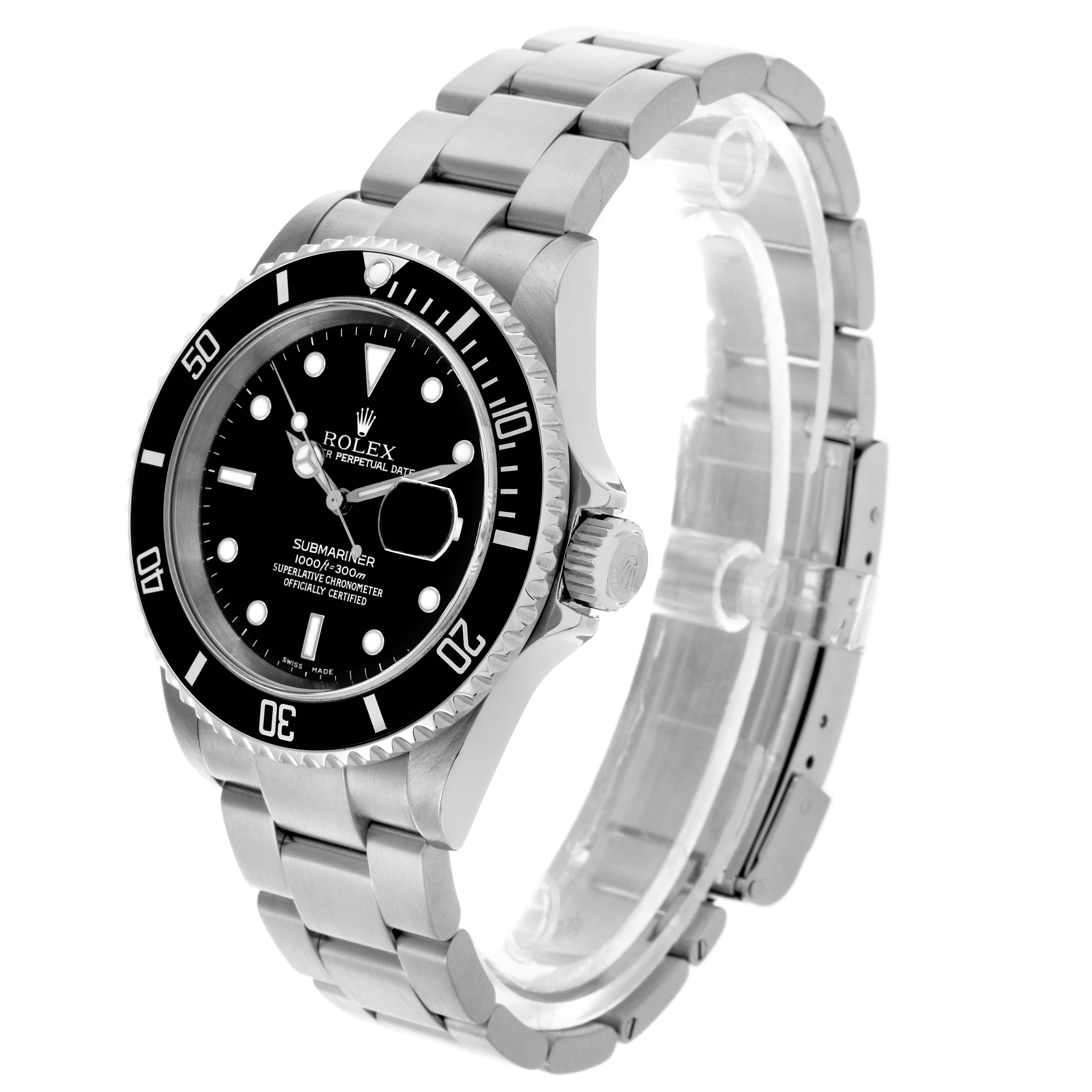 The Rolex Submariner 16610 Men's Stainless Steel Black Dial watch is shown at a three-quarter angle, highlighting the face, bezel, crown, and bracelet.