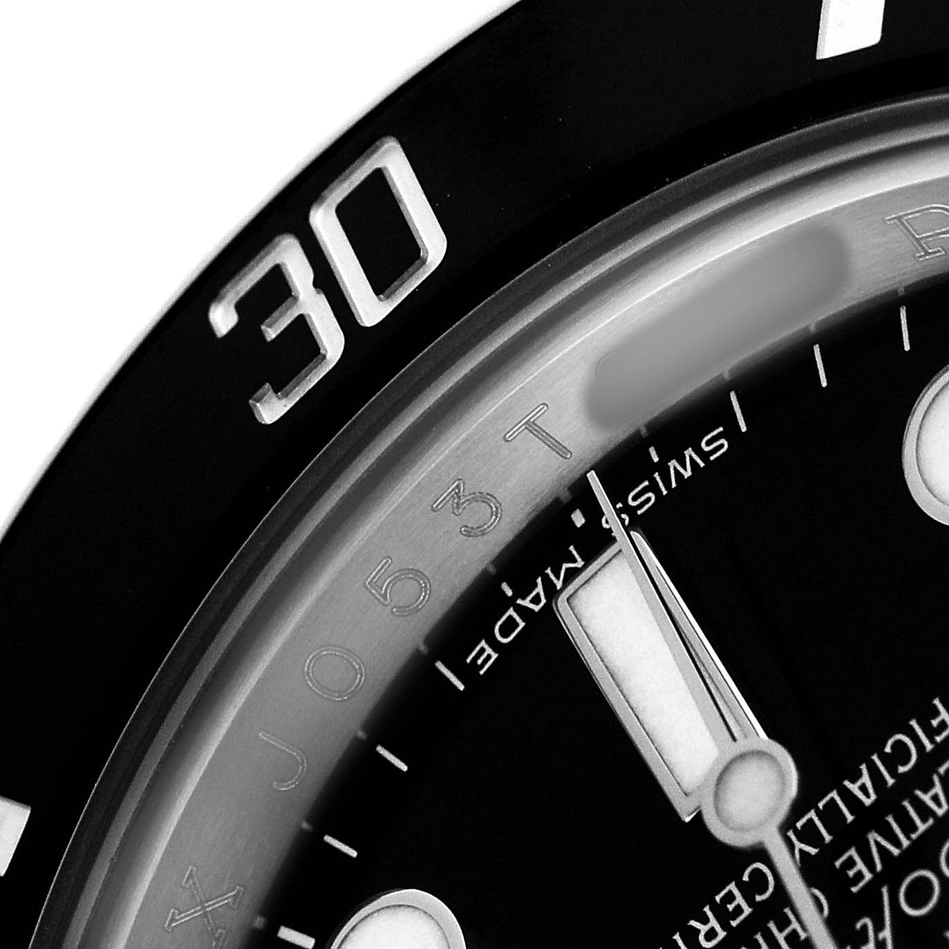 The image shows a close-up of the Rolex Submariner 116610LN Men's Stainless Steel Black Dial's bezel and part of its dial, highlighting the "30" marker and inner elements.