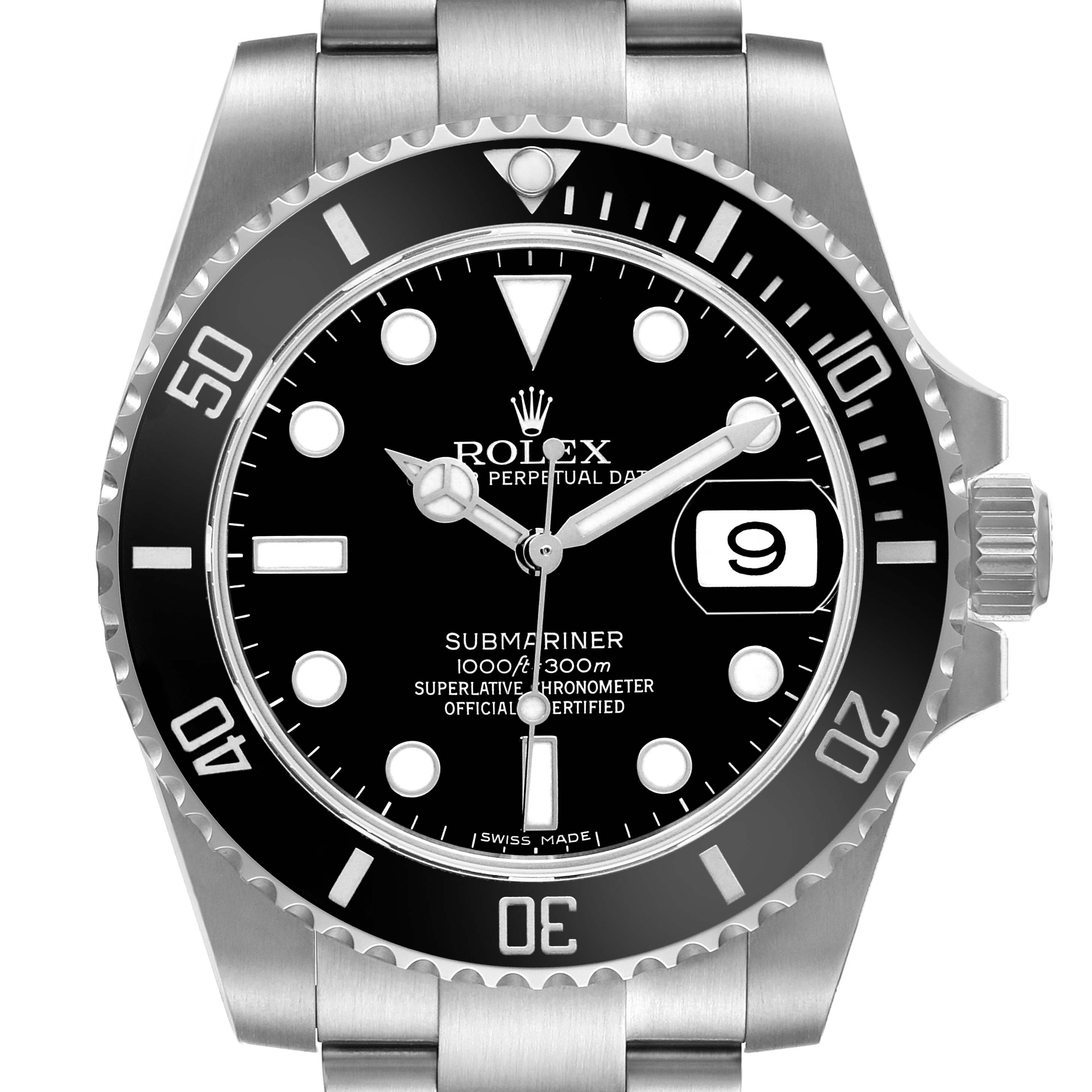 The image shows a front view of a Rolex Submariner 116610LN Men's Stainless Steel Black Dial watch, featuring its bezel, dial, and bracelet.