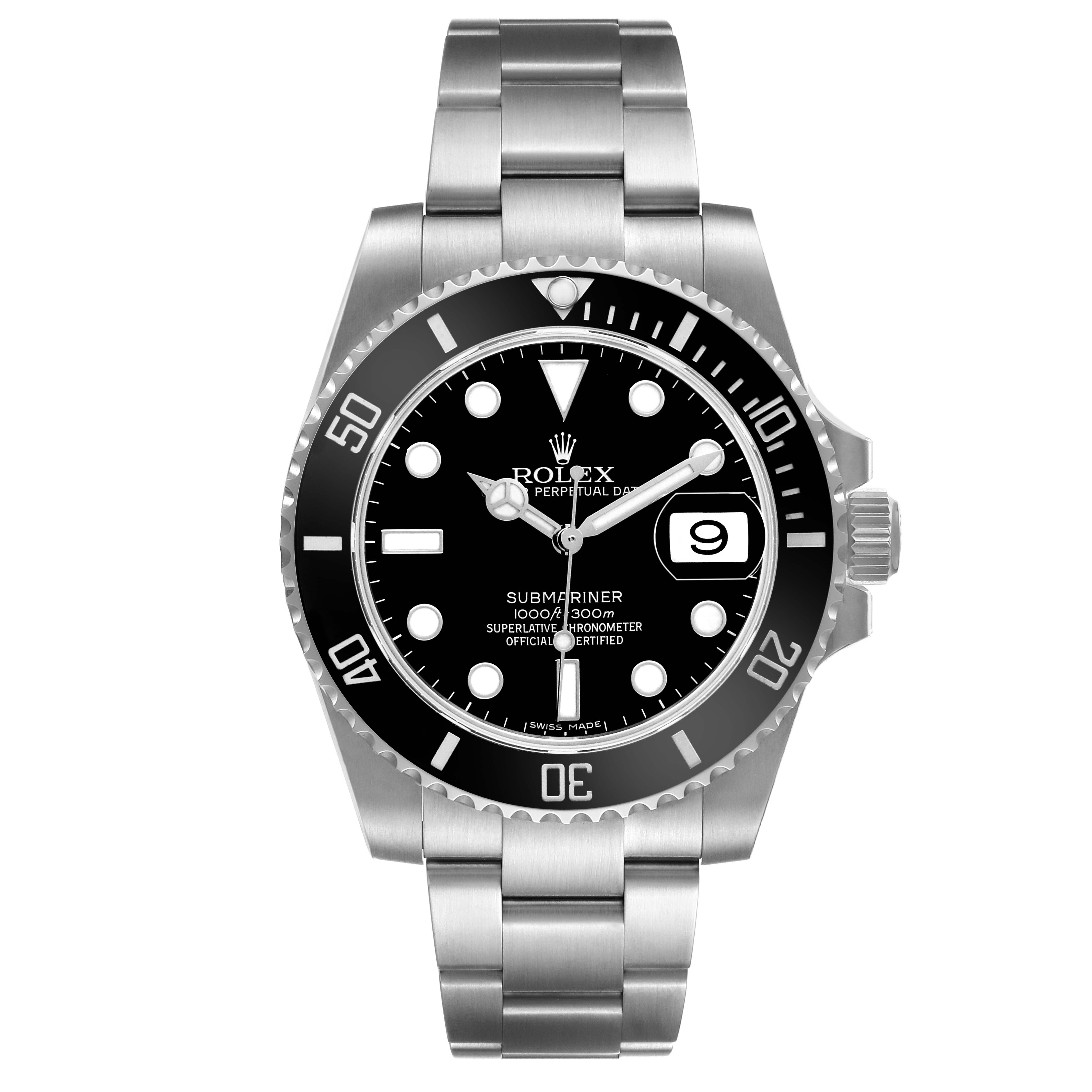 The Rolex Submariner 116610LN Men's Stainless Steel Black Dial watch is shown from a front angle, displaying the bezel, dial, hands, bracelet, and date window.