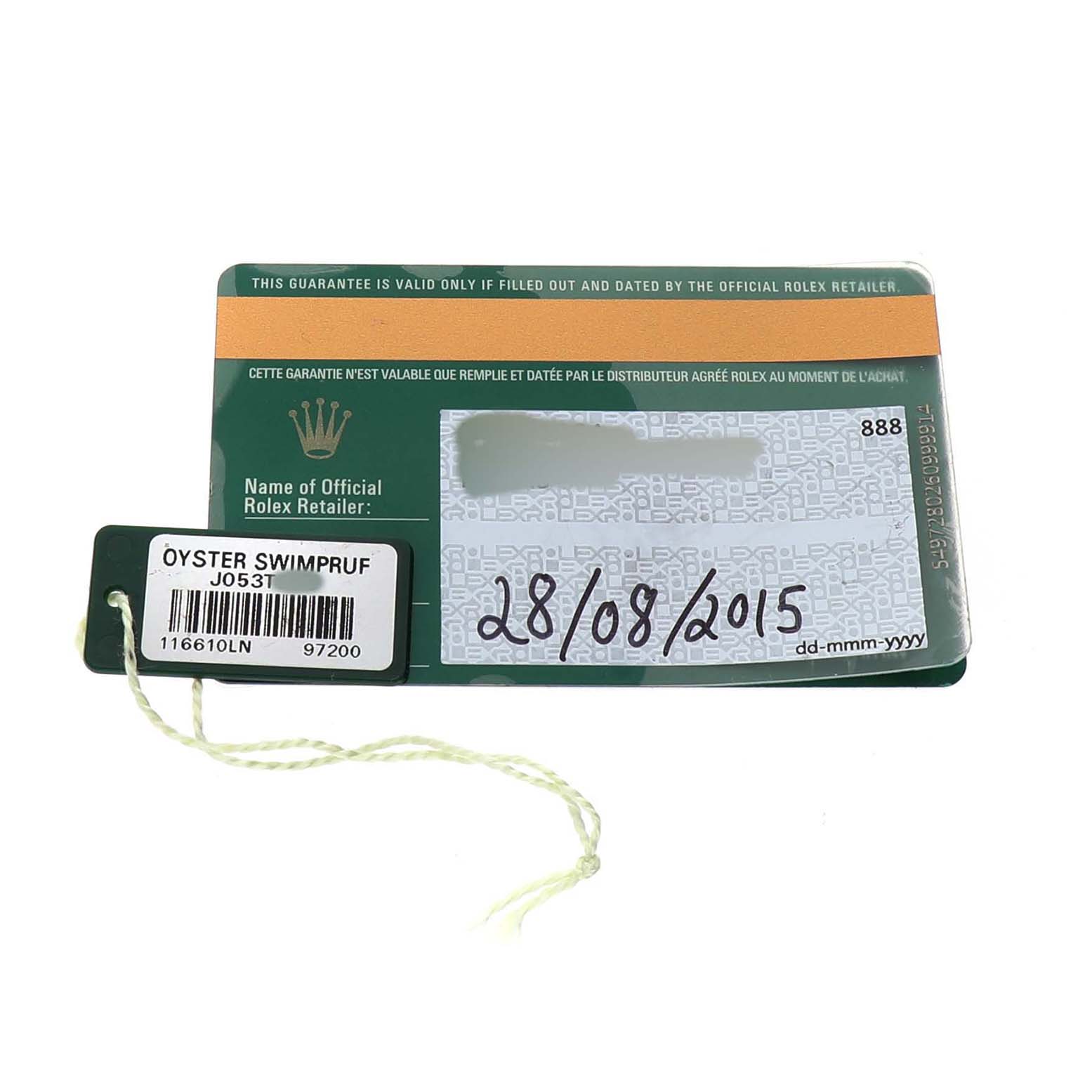 The image shows a warranty card and tag for a Rolex Submariner 116610LN Men's Stainless Steel Black Dial, with model details visible.