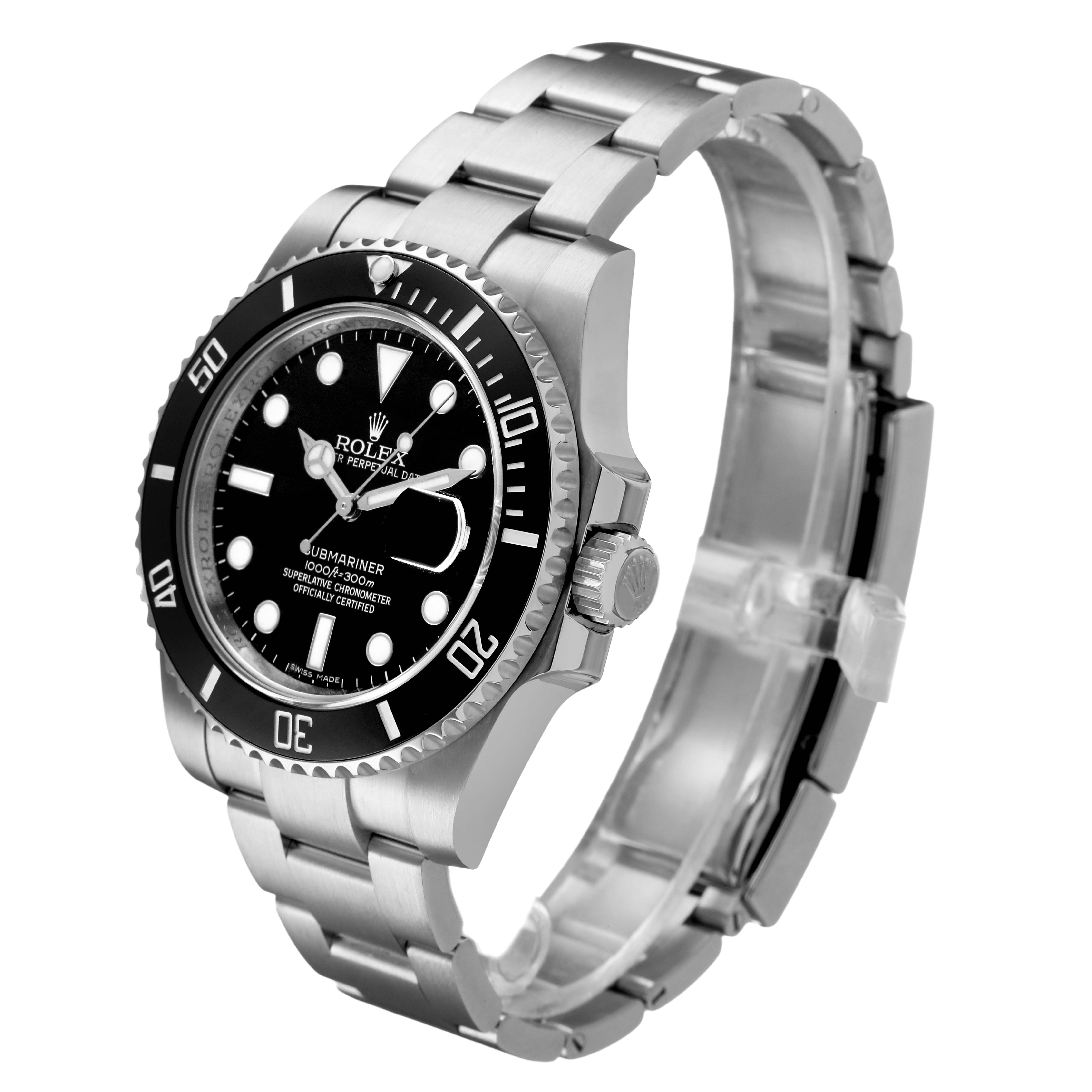 The image shows a Rolex Submariner 116610LN Men's Stainless Steel Black Dial watch at a three-quarter angle, highlighting the dial, bezel, and bracelet.