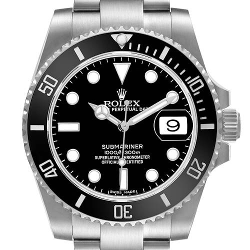 The image shows a frontal view of a Rolex Submariner 116610LN Men's Stainless Steel Black Dial watch, highlighting the dial, bezel, and bracelet.