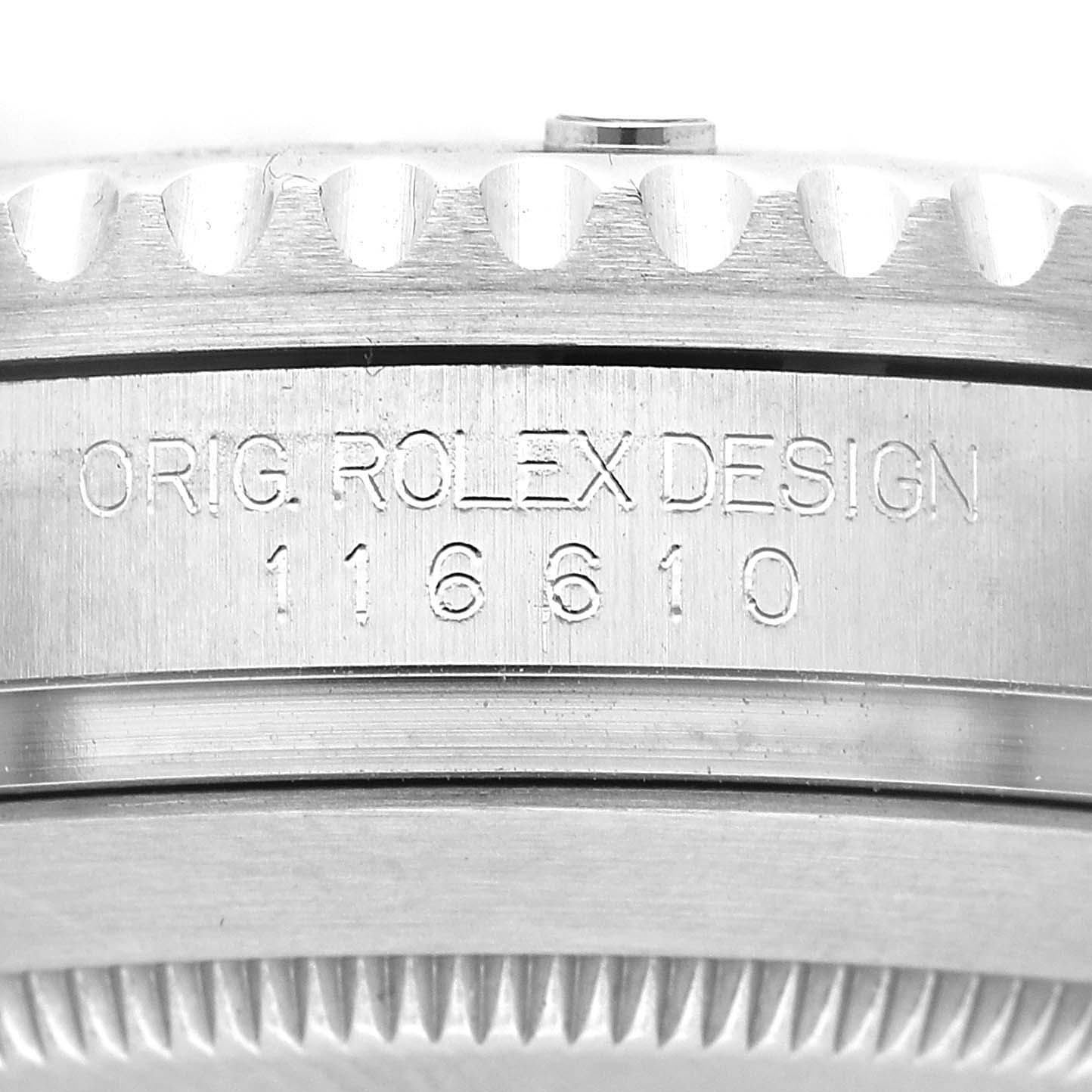 The image shows the side view of the bezel and case, displaying the "ORIG. ROLEX DESIGN 116610" engraving on the Rolex Submariner 116610LN Men's Stainless Steel Black Dial.