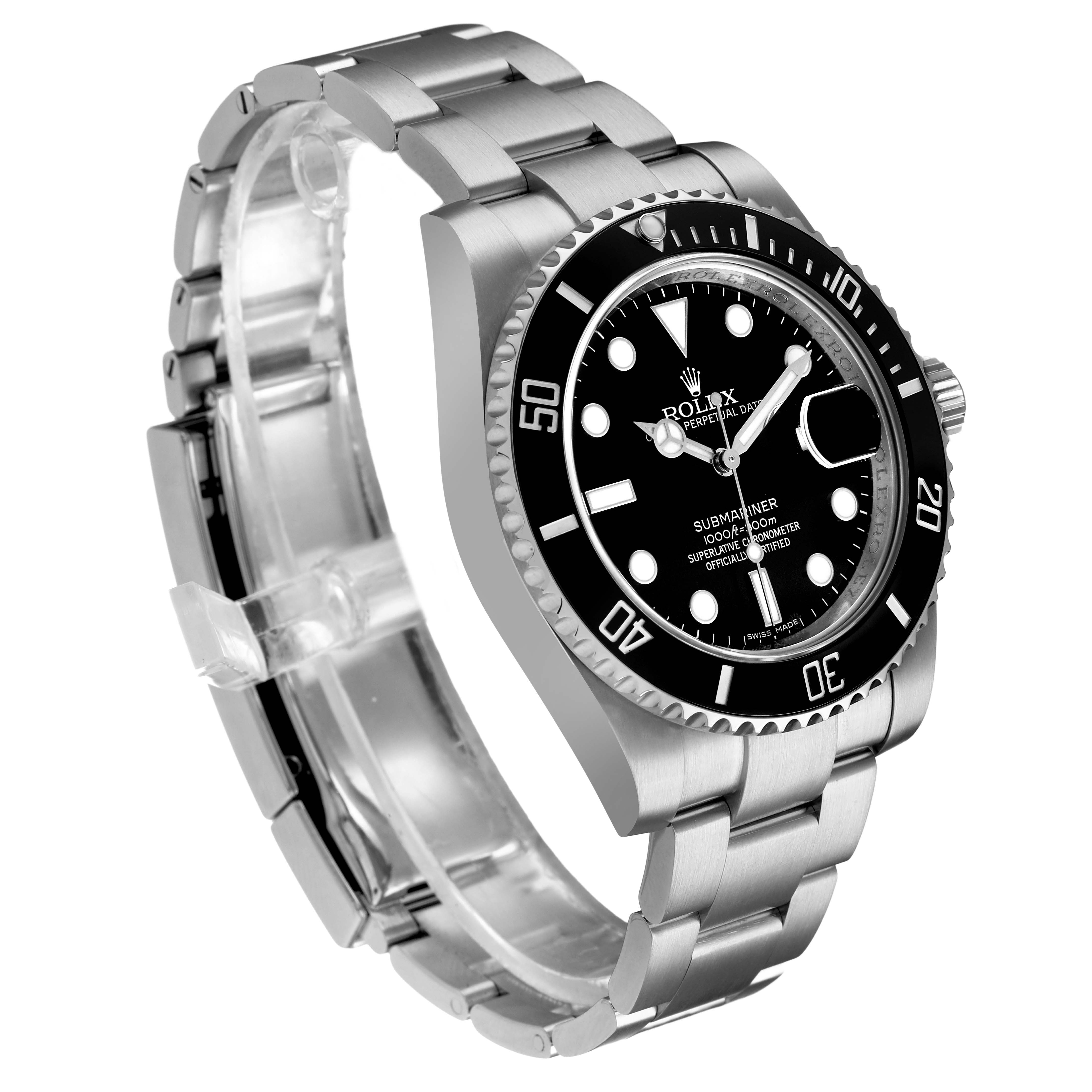 The Rolex Submariner 116610LN Men's Stainless Steel Black Dial watch is shown at a three-quarter angle, highlighting the face, bezel, and metal bracelet.