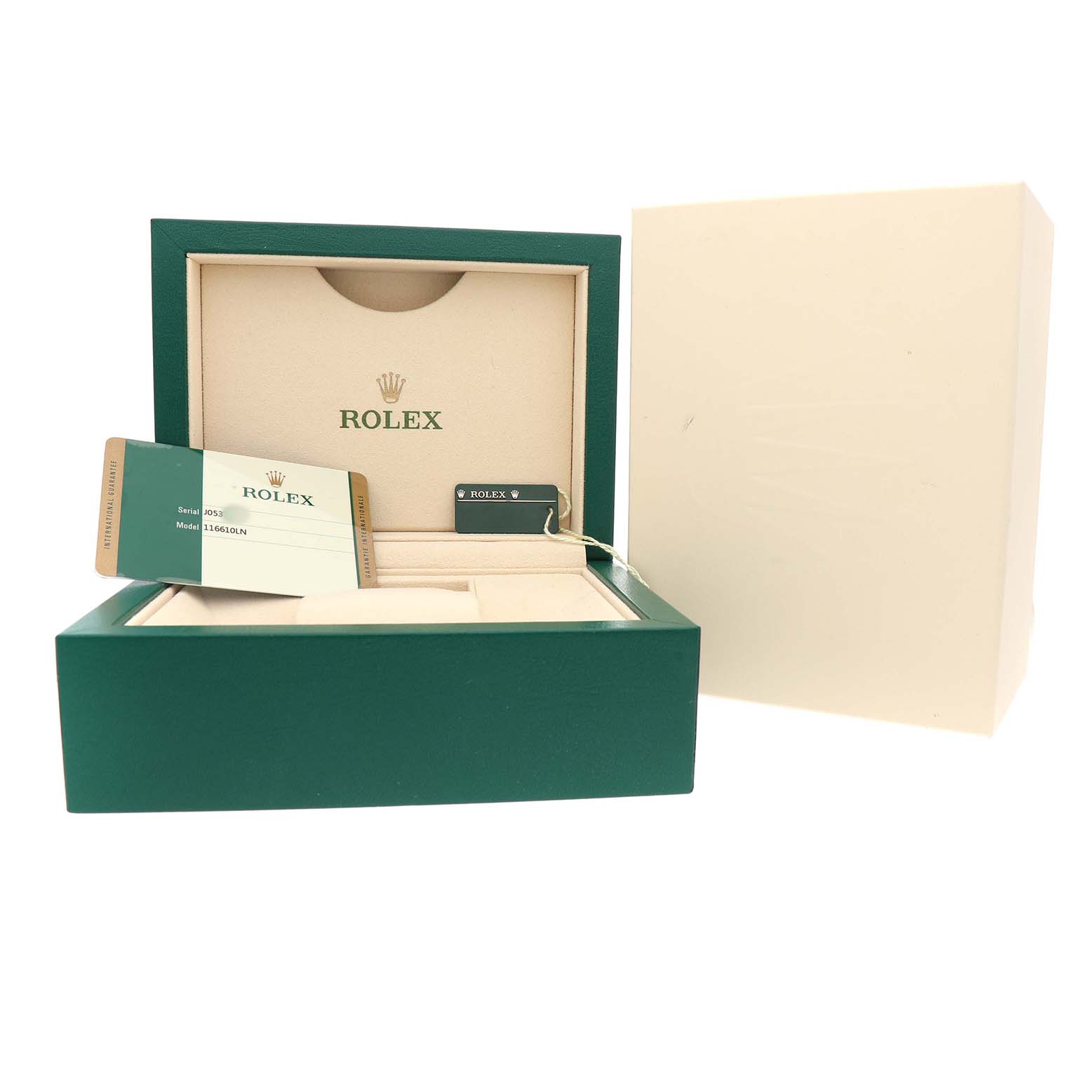 The image shows a Rolex Submariner 116610LN Men's Stainless Steel Black Dial box with an open lid, displaying the warranty card and tags inside.